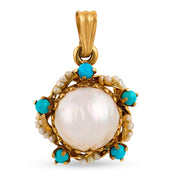 Art Nouveau 14k Pearl & Turquoise Sunburst-Motif Pendant/Charm