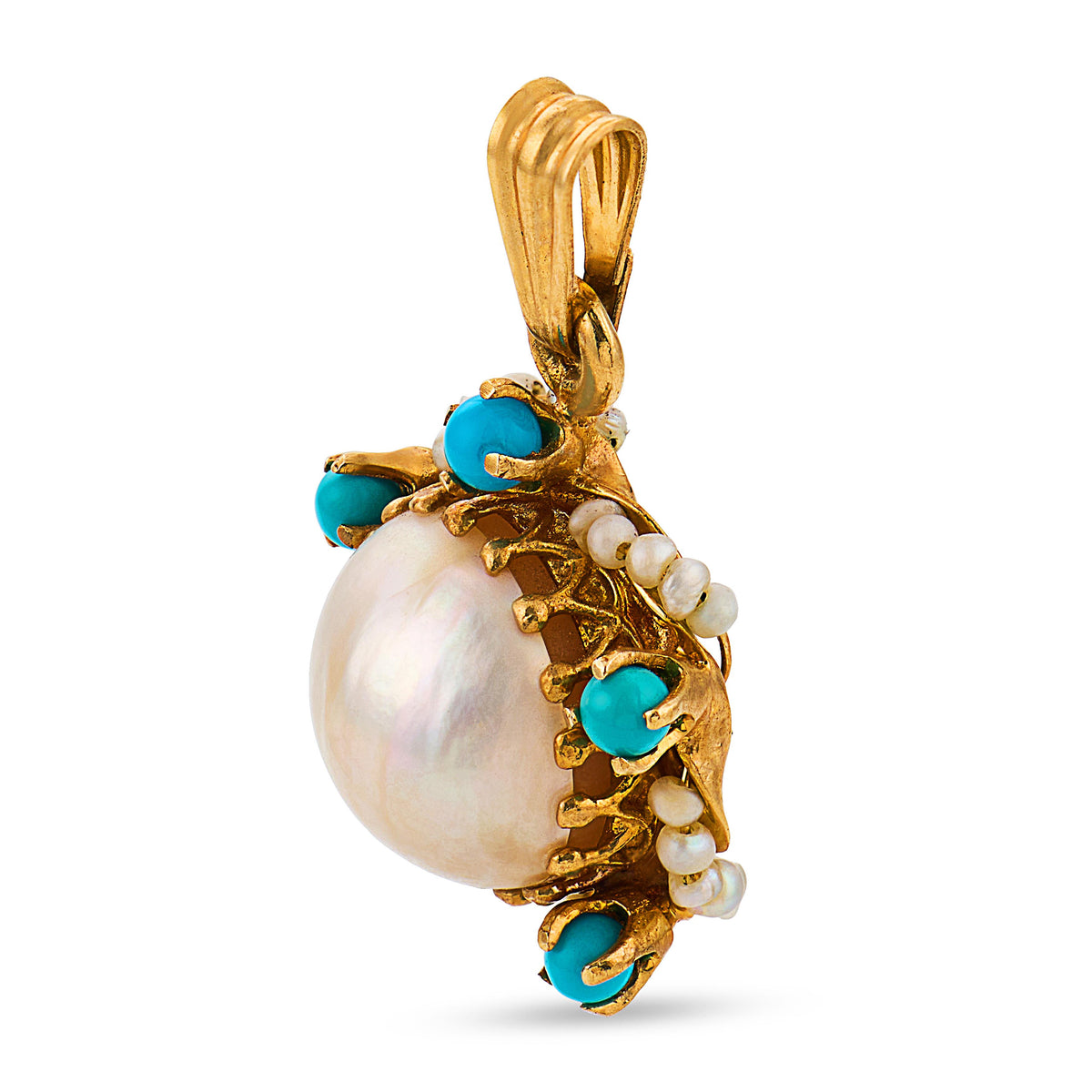 Art Nouveau 14k Pearl & Turquoise Sunburst-Motif Pendant/Charm