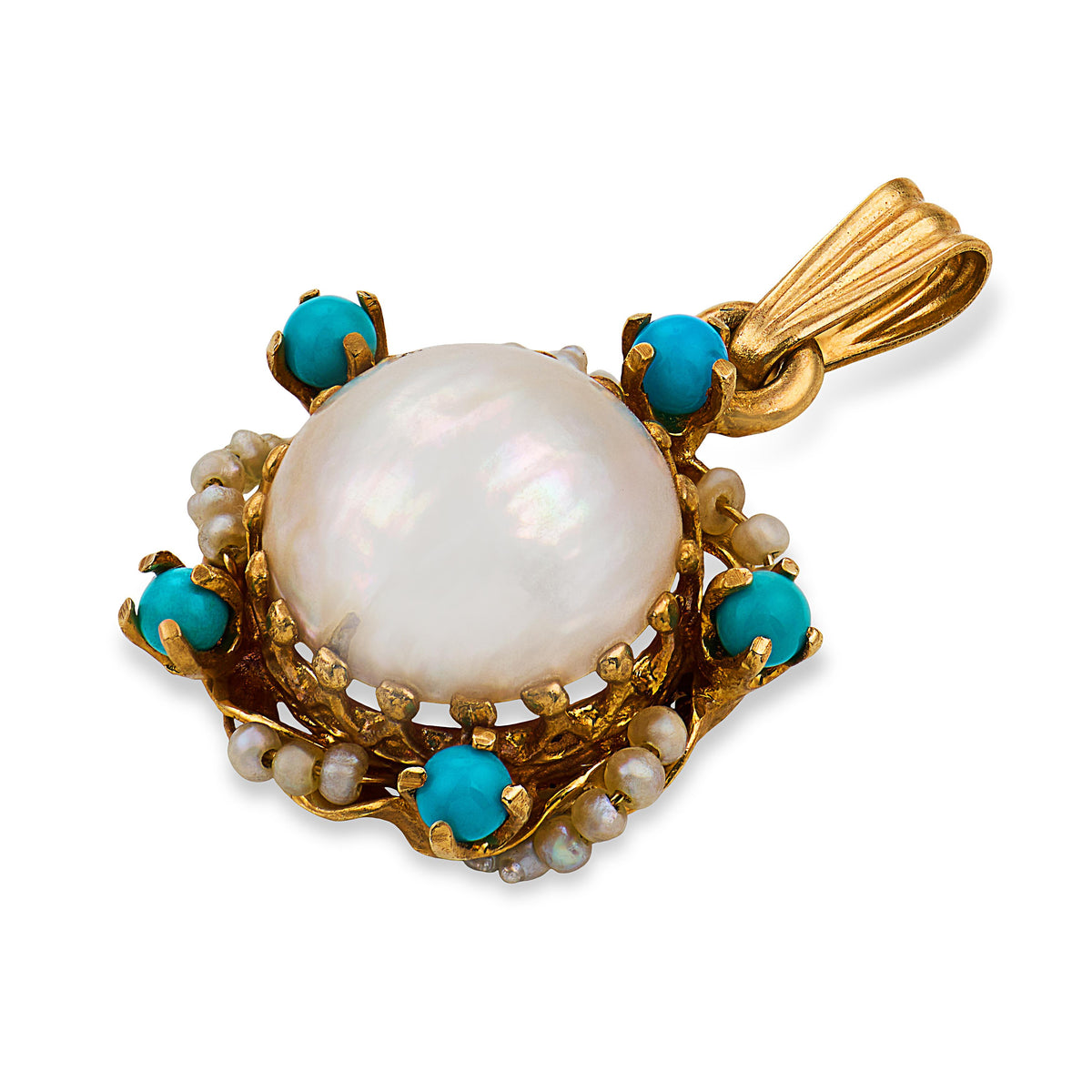 Art Nouveau 14k Pearl & Turquoise Sunburst-Motif Pendant/Charm