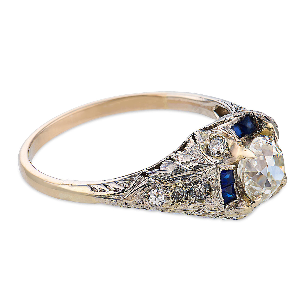 Art Deco Platinum Diamond & Sapphire Engagement Ring 1.04ct
