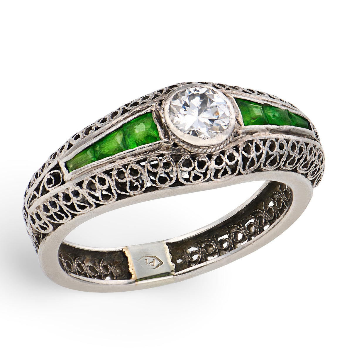 Art Deco Platinum Diamond & Demantoid Garnet Engagement Ring .40ct