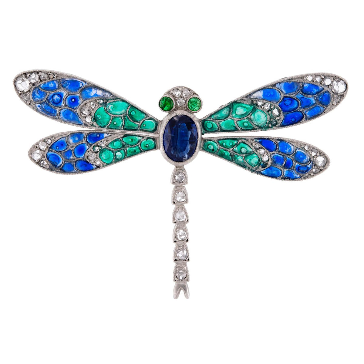 Art Nouveau Plat. Plique-À-Jour Sapphire, Diamond, & Emerald Dragonfly Pendant