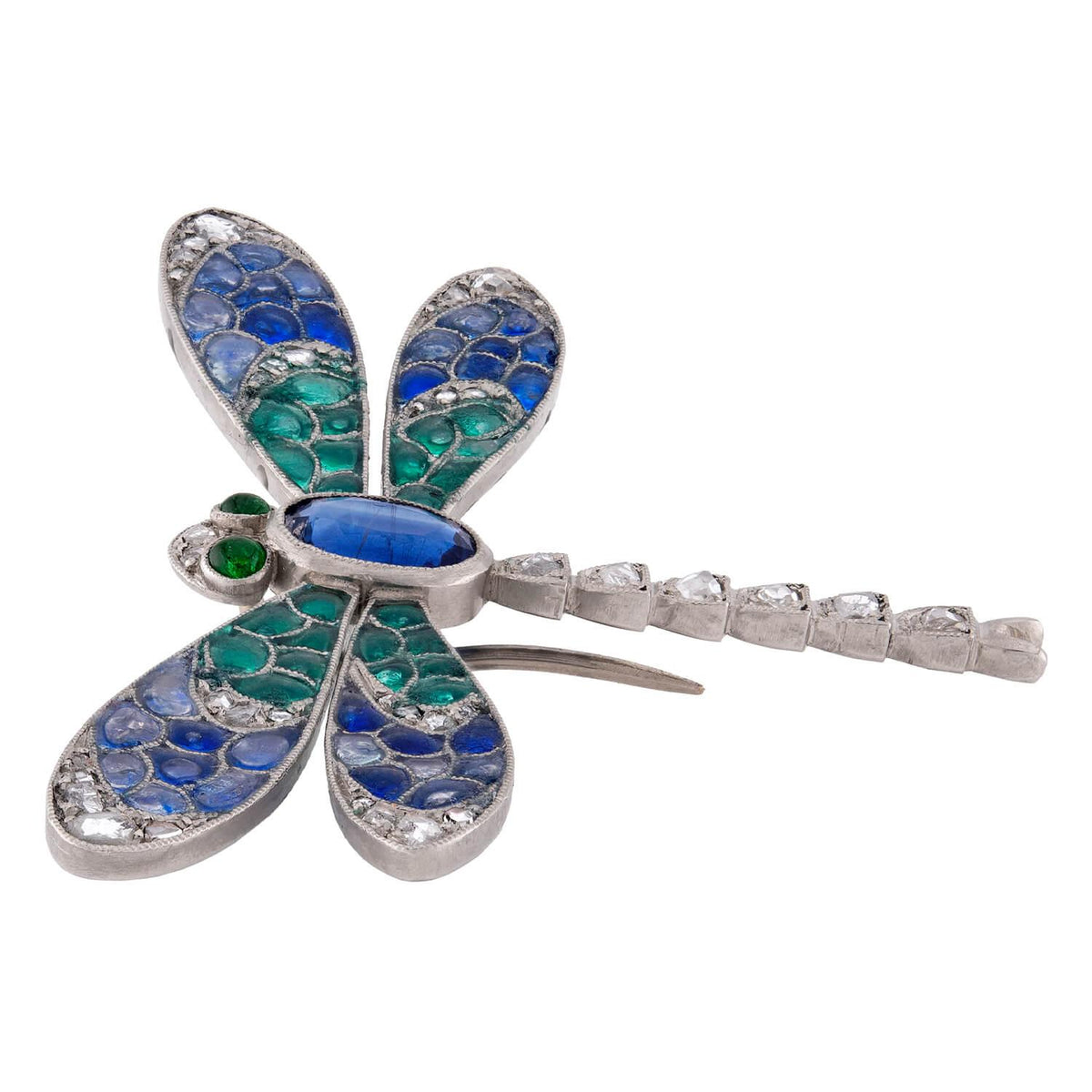 Art Nouveau Plat. Plique-À-Jour Sapphire, Diamond, & Emerald Dragonfly Pendant