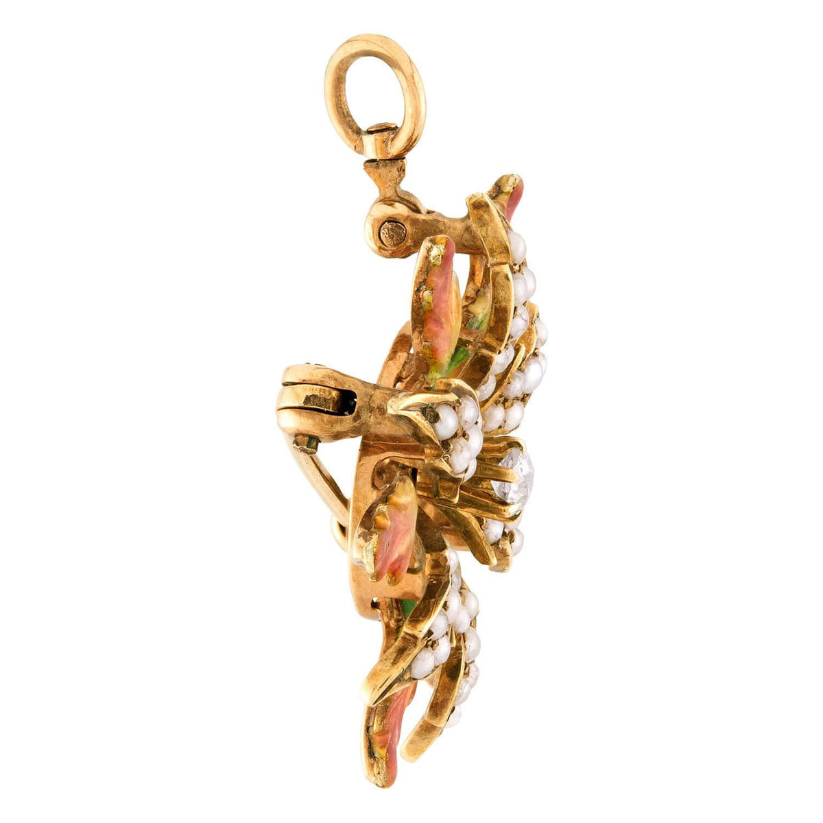 Art Nouveau 14k Diamond, Pearl, & Enamel Floral-Motif Pin/Pendant