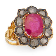 Georgian 18k/Sterling Silver Ruby & Diamond Halo Ring