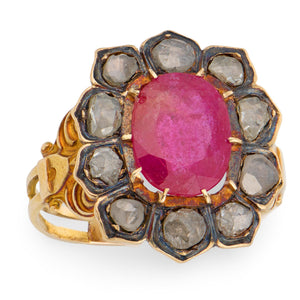 Victorian 18k/Silver 3ct Ruby & Diamond Halo Ring
