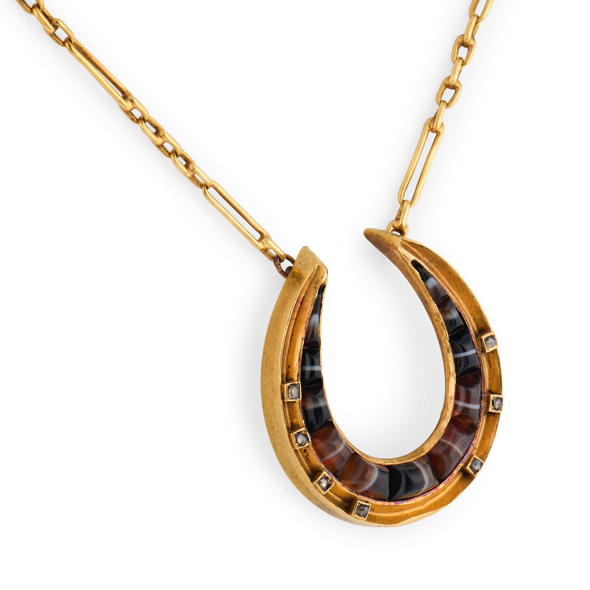 Victorian 18k/14k Agate & Diamond Horseshoe Pendant Necklace