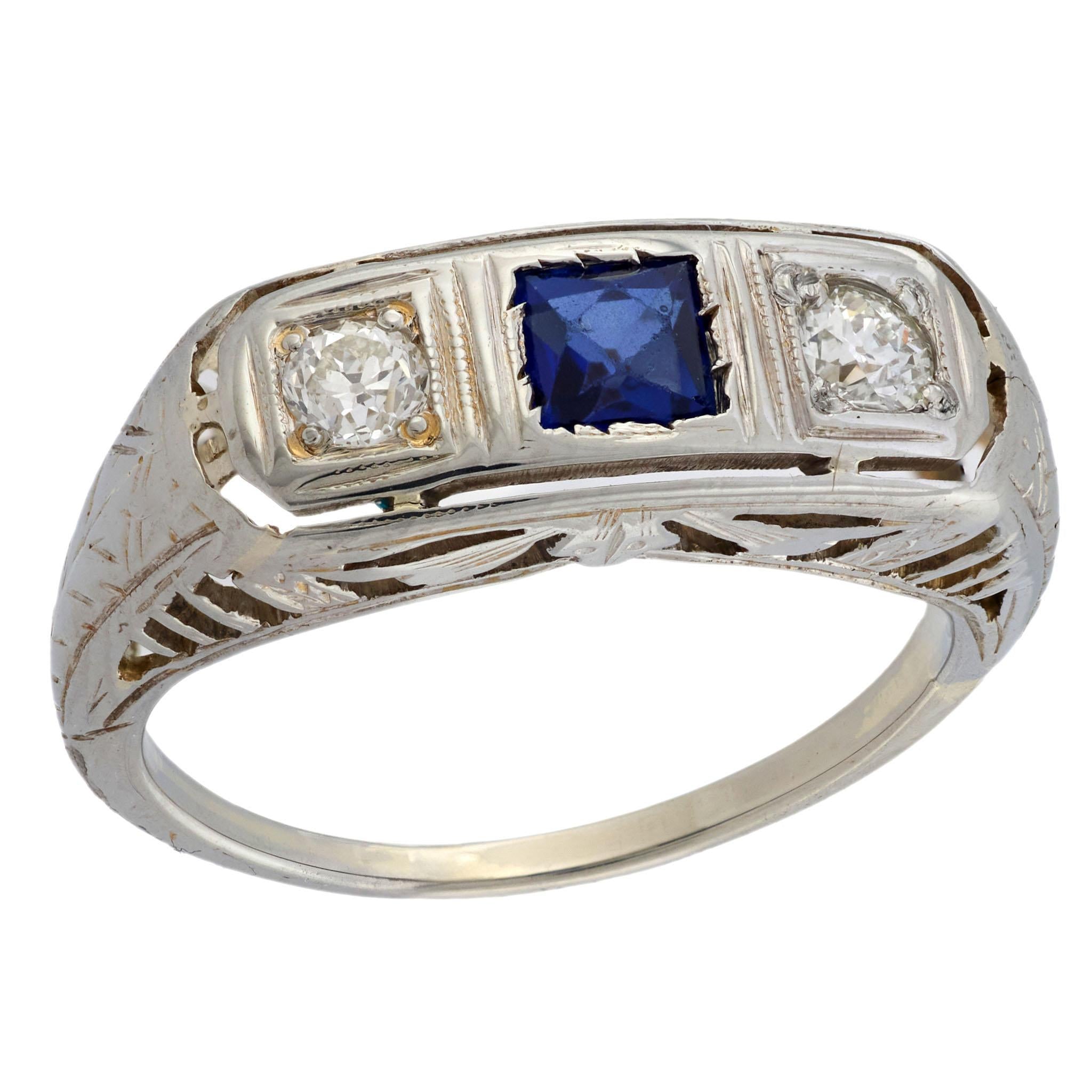 Art Deco 14k Sapphire & Diamond Three Stone Ring
