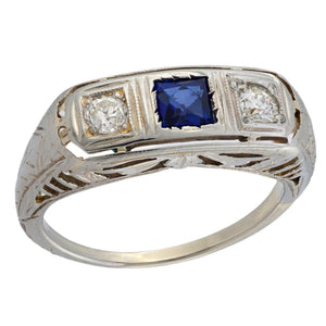 Art Deco 14k Sapphire & Diamond Three Stone Ring