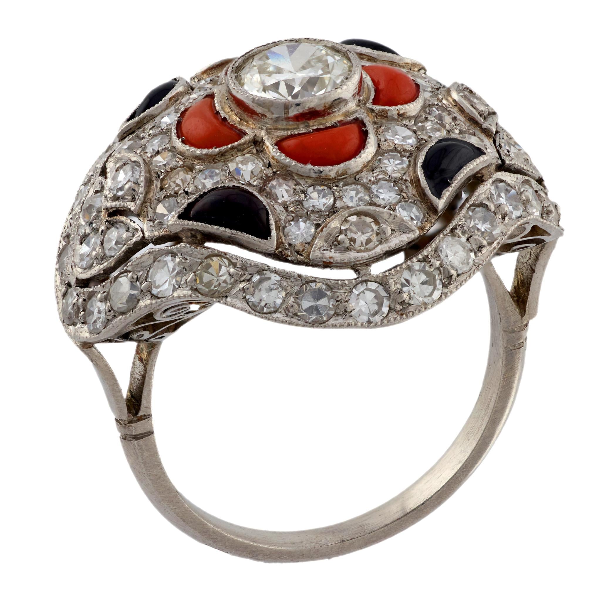 Art Deco Platinum Diamond, Coral, and Onyx Ring