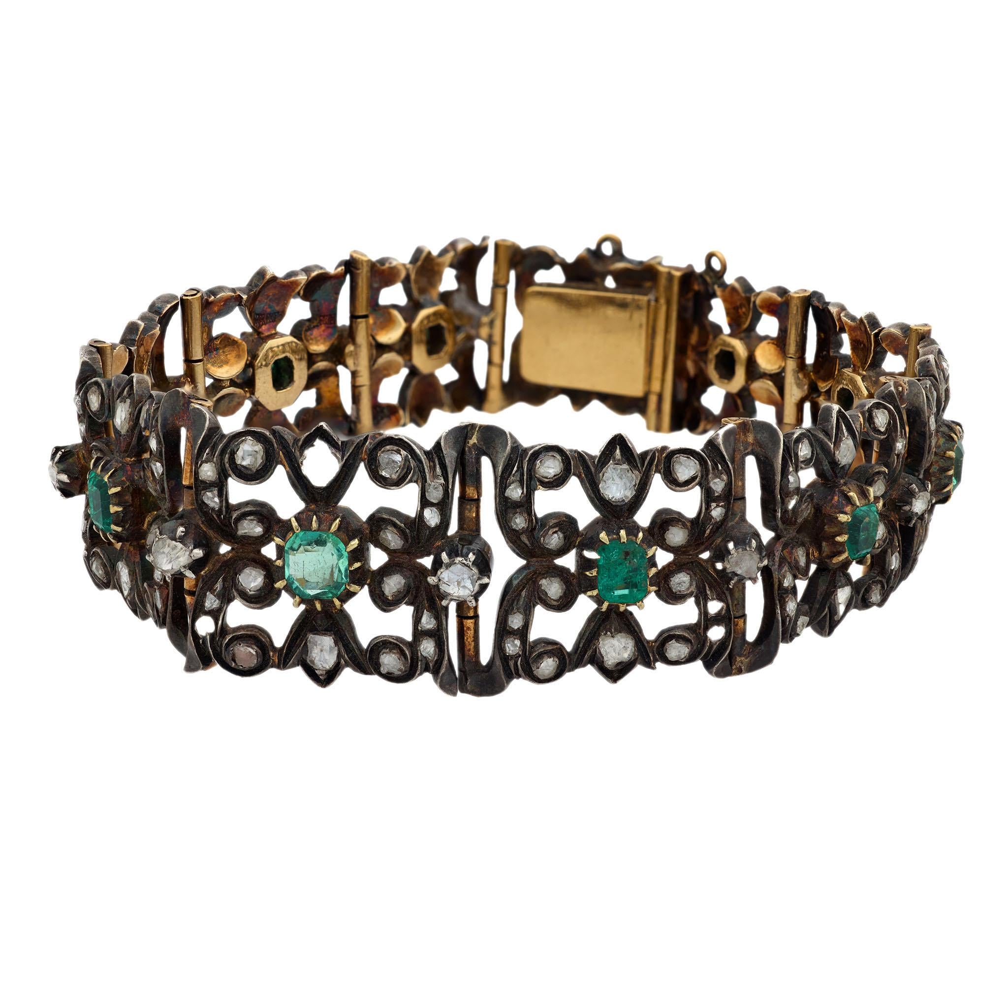 Regency Russian 14k Gold/Sterling Silver Emerald & Diamond Line Bracelet
