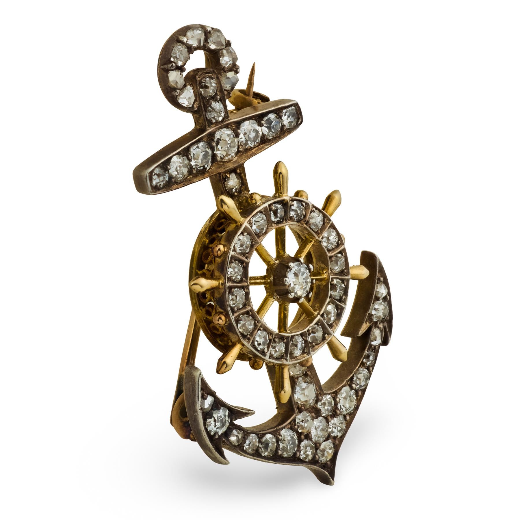 Victorian 15k/Sterling Diamond Anchor & Wheel Pin/Pendant