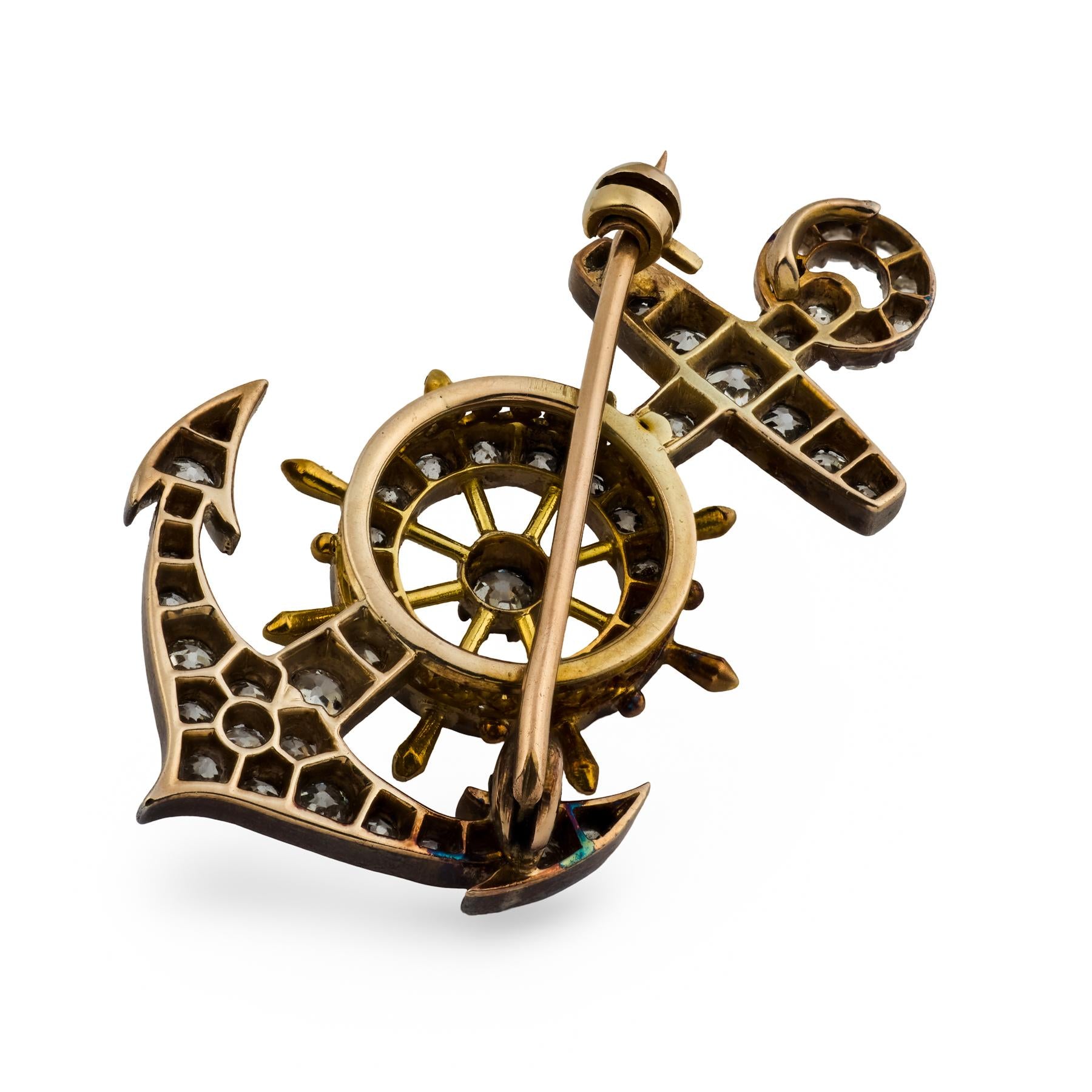 Victorian 15k/Sterling Diamond Anchor & Wheel Pin/Pendant