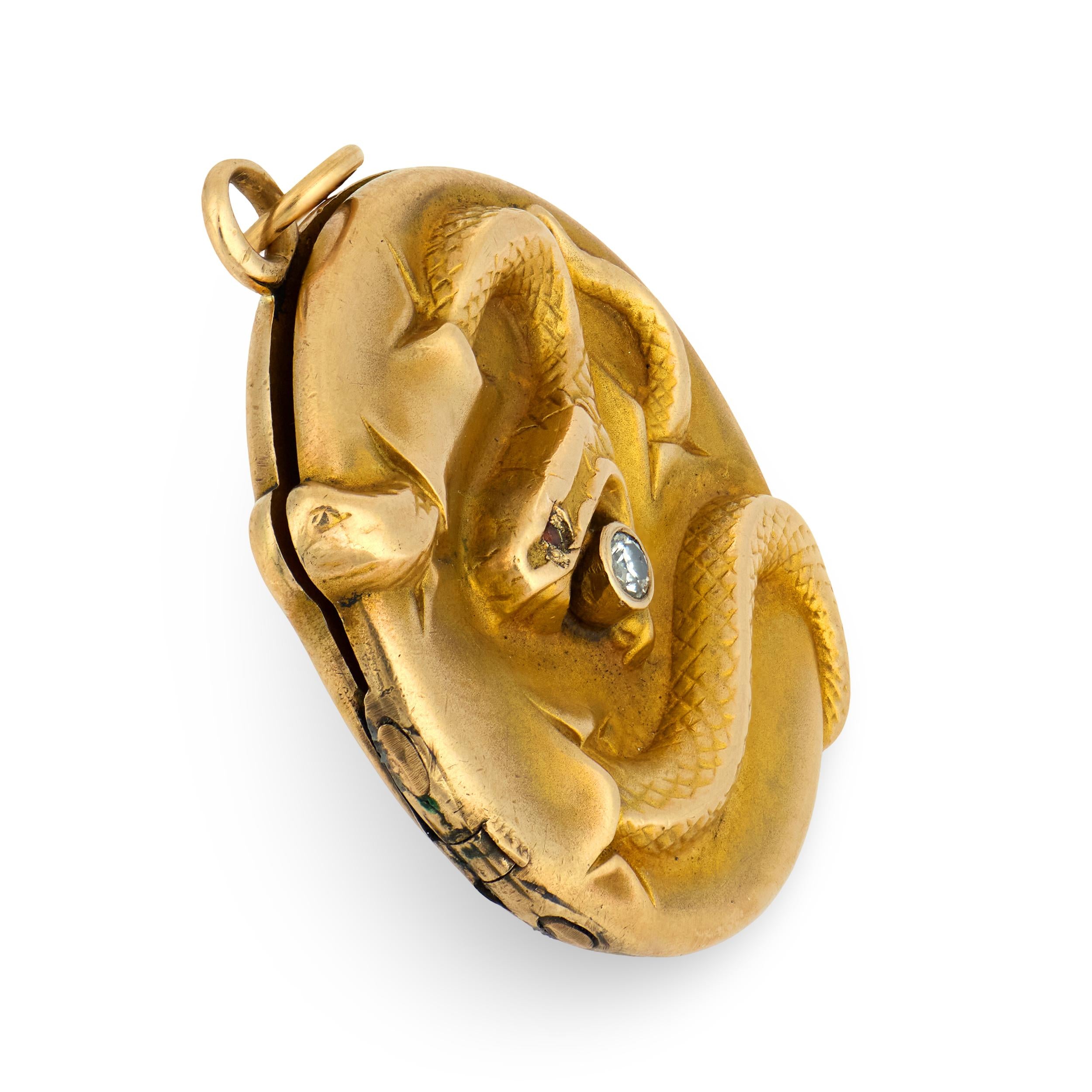 Edwardian 10k Diamond & Garnet Repousse Snake Locket Pendant