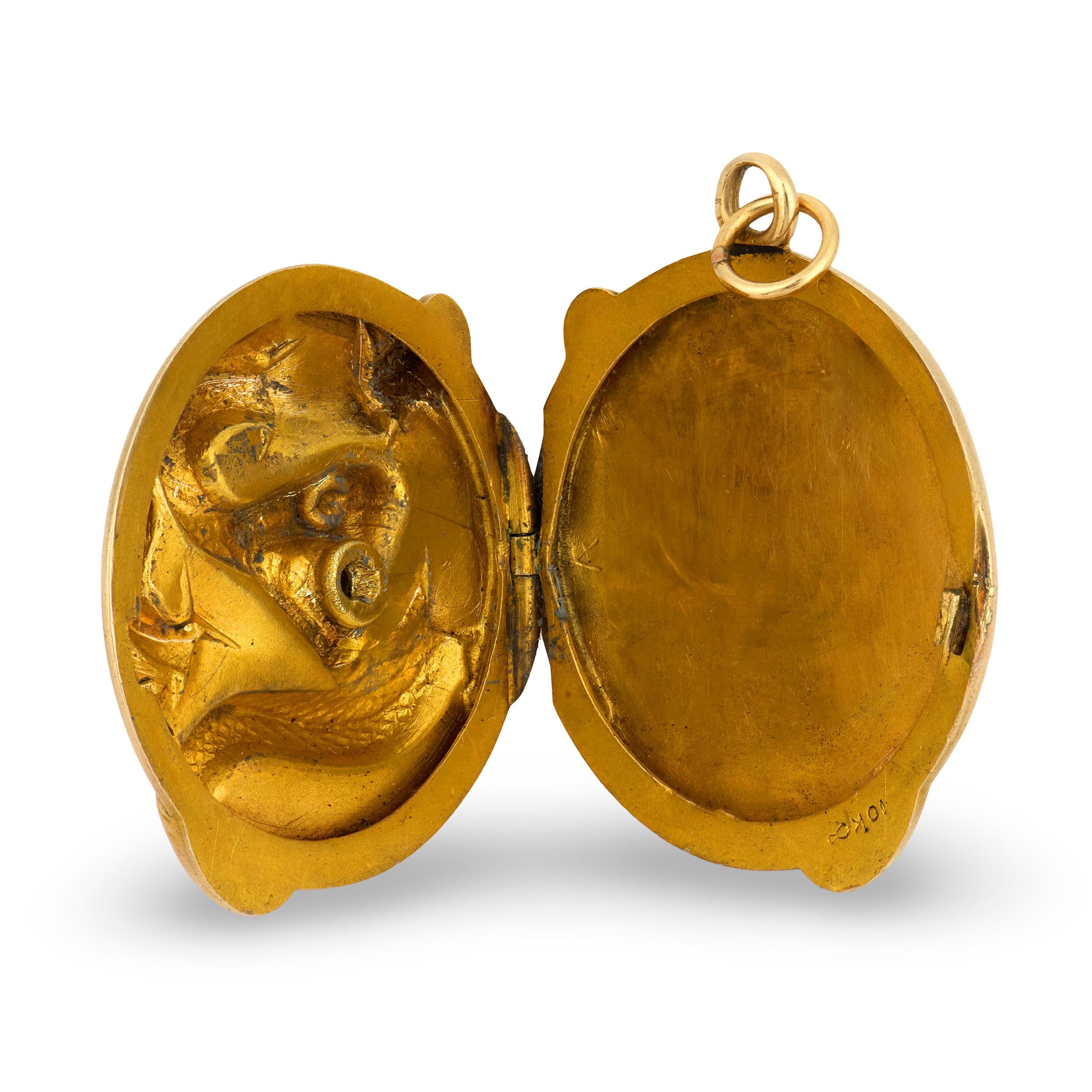 Edwardian 10k Diamond & Garnet Repousse Snake Locket Pendant