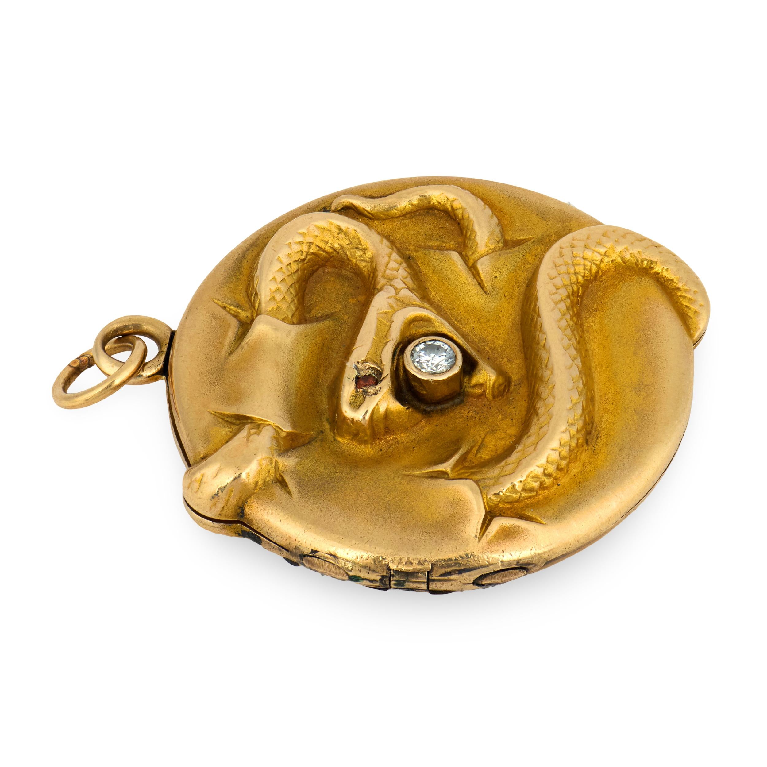 Edwardian 10k Diamond & Garnet Repousse Snake Locket Pendant