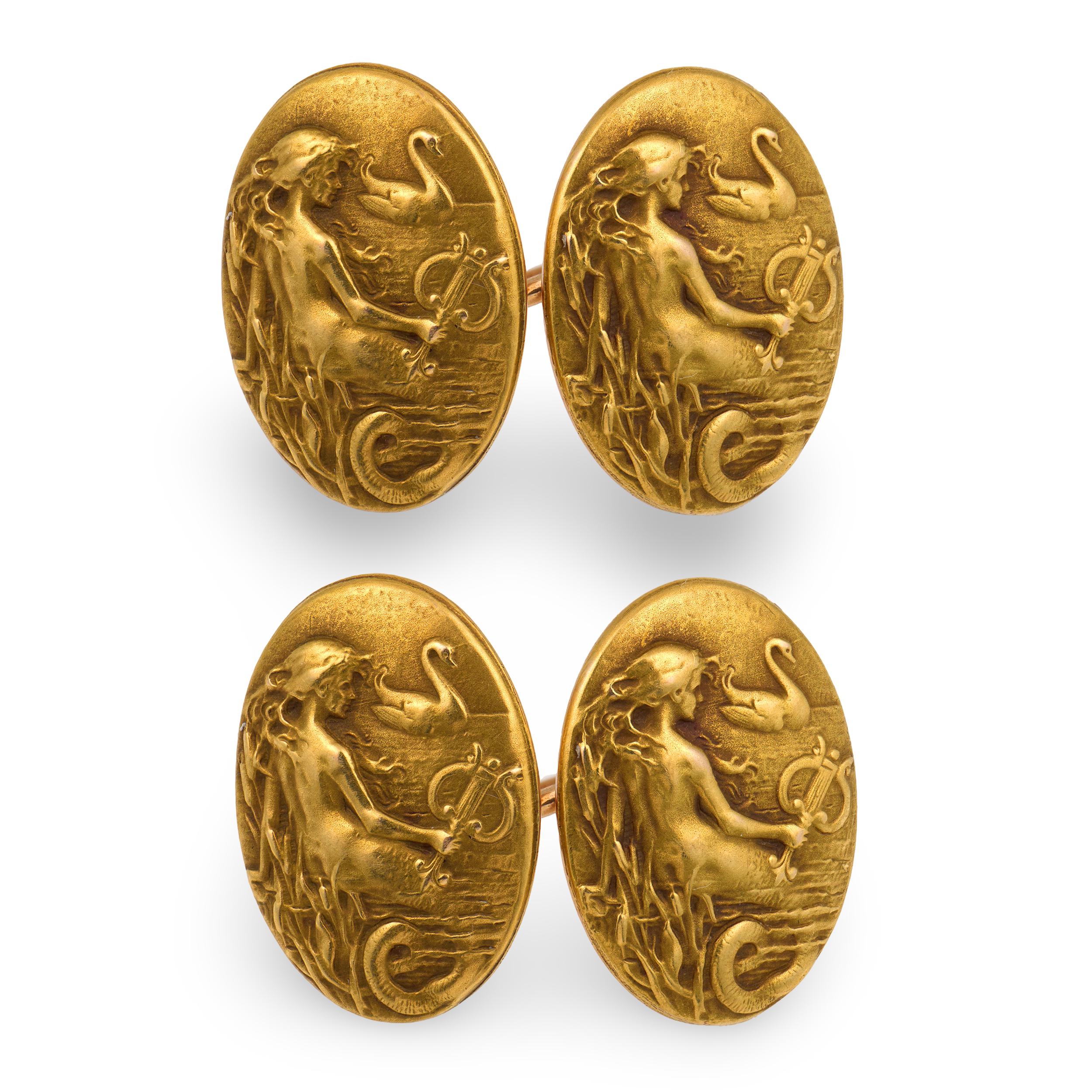 KREMENTZ & CO. Art Nouveau 14k Repoussé Mermaid-Motif Cufflinks