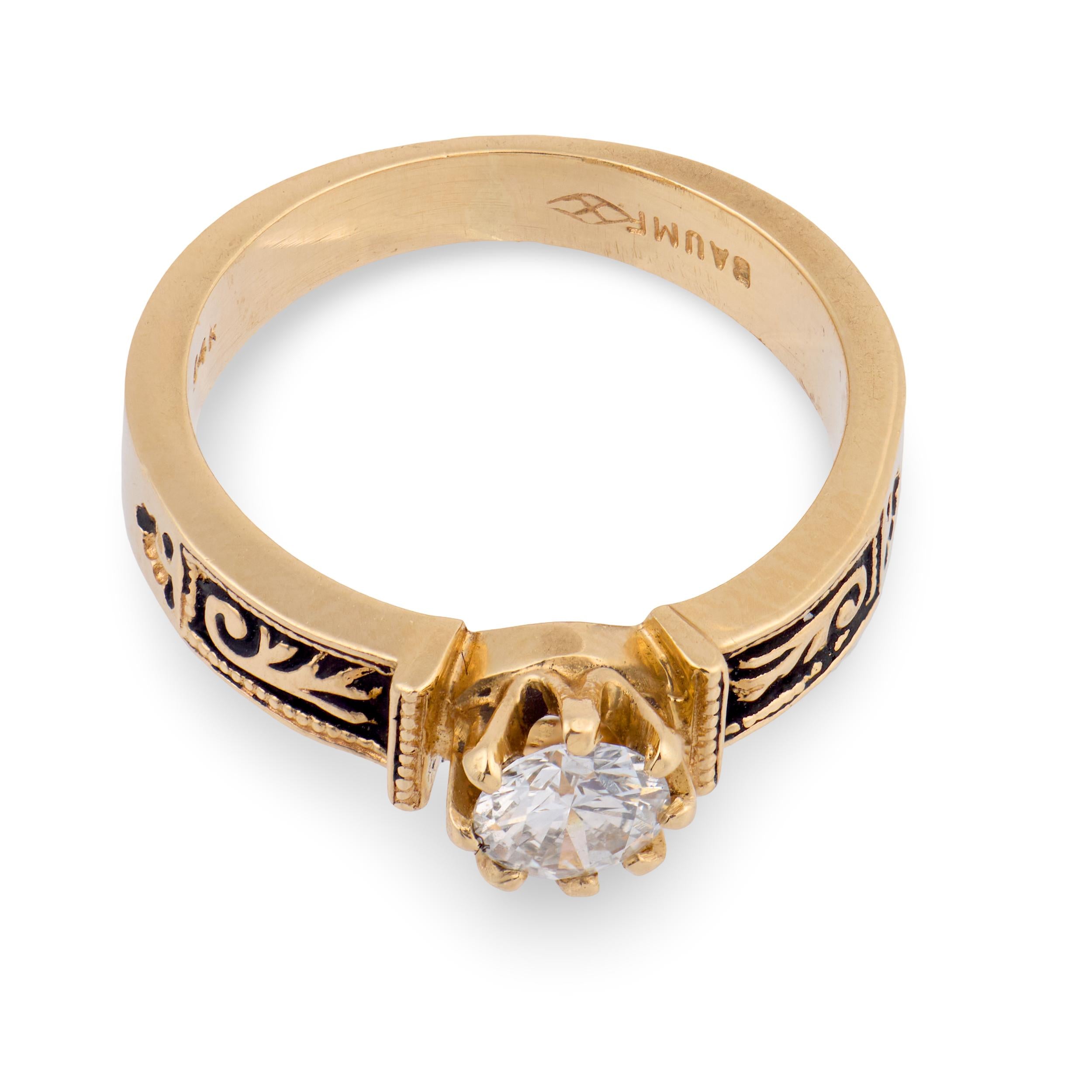 BAUM & OPPENHEIM Victorian 14k Diamond & Enamel Engagement Ring .40ct