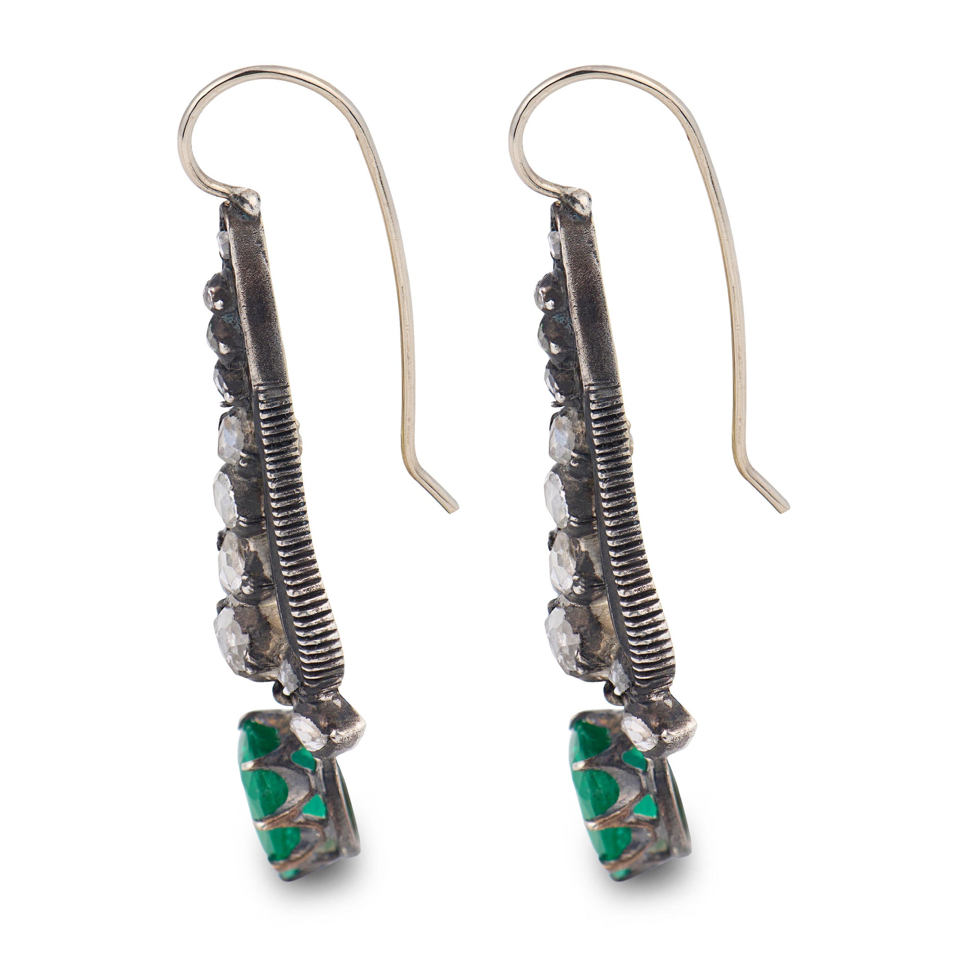 Georgian 14k/Sterling Silver Diamond & Emerald Dangle Earrings