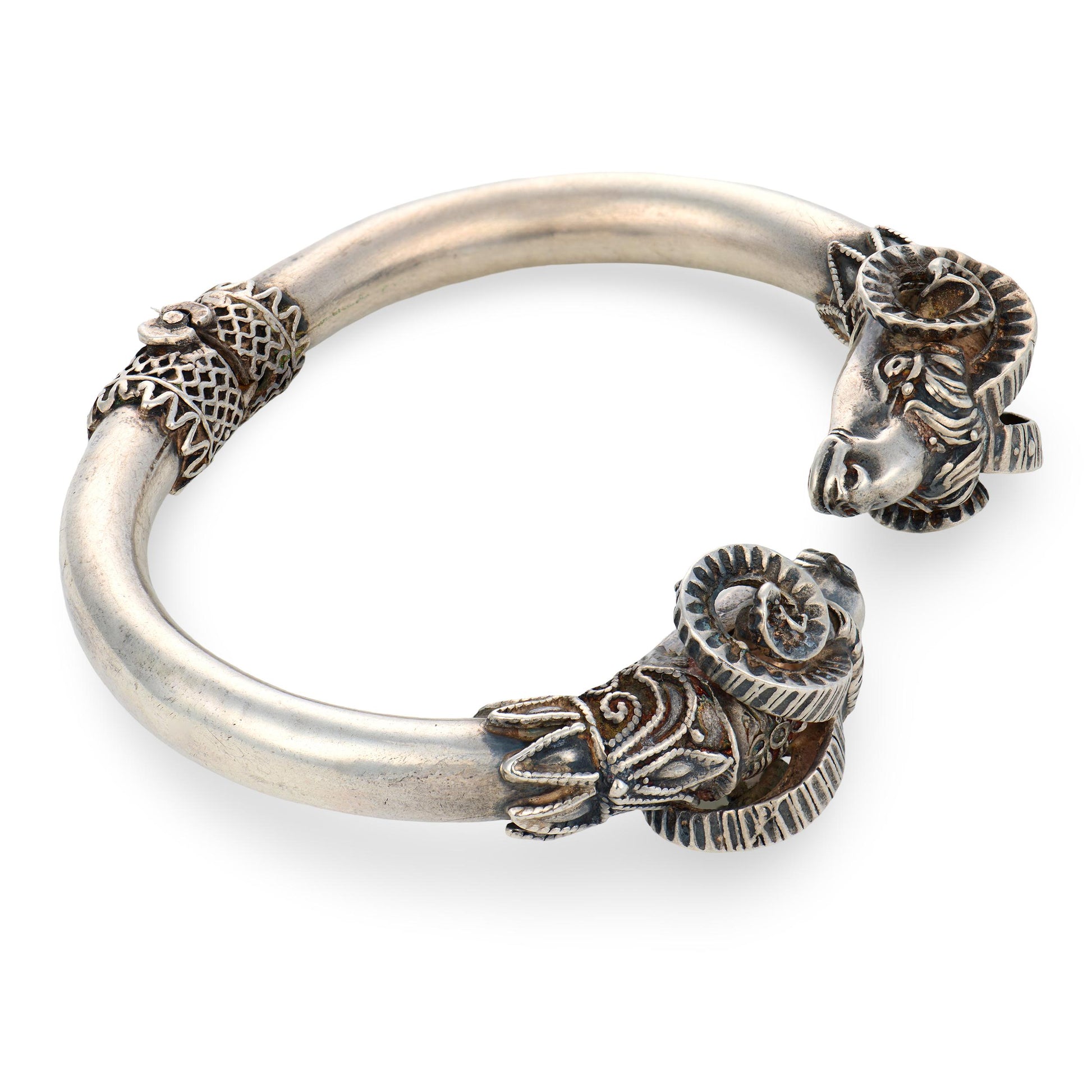 Retro Sterling Silver Ram's Head-Motif Bangle
