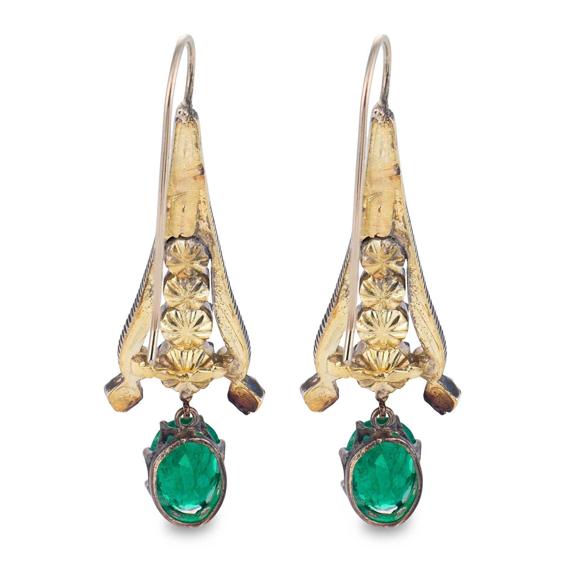Georgian 14k/Sterling Silver Diamond & Emerald Dangle Earrings
