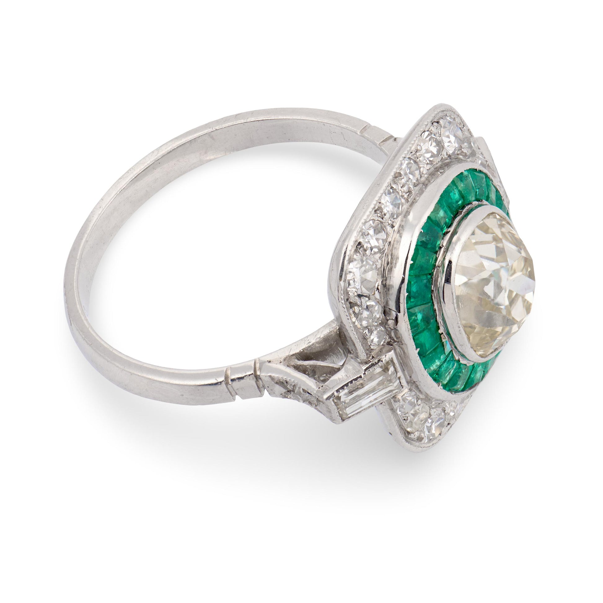 Art Deco Platinum Diamond & Emerald Engagement Ring 2.10ct