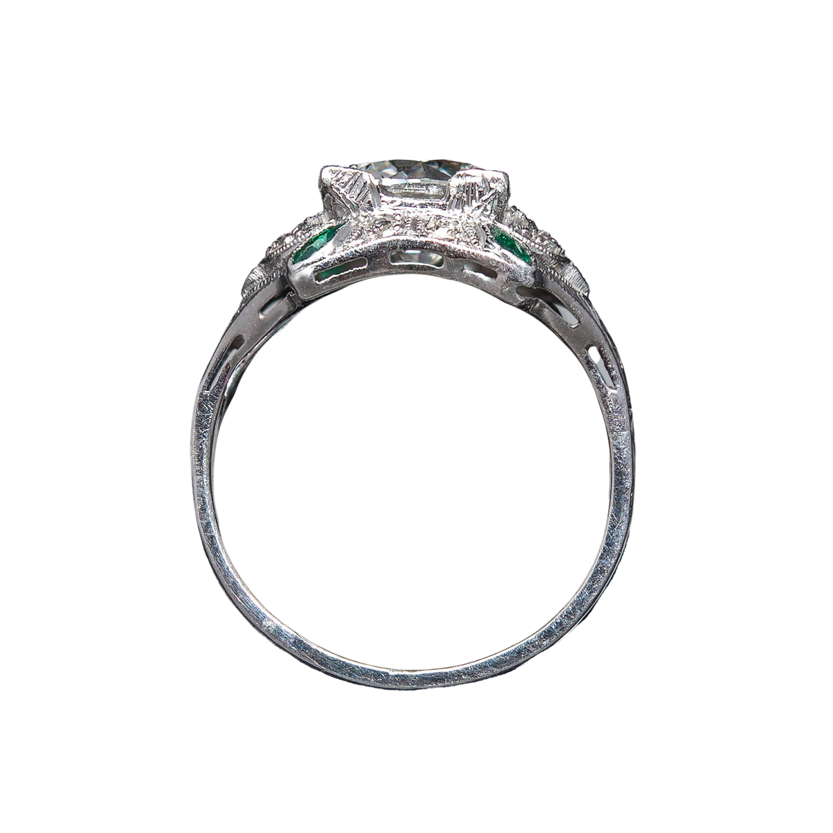 Art Deco Platinum Diamond + Emerald Engagement Ring 1.78ct