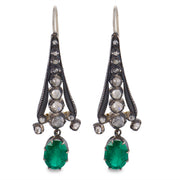 Georgian 14k/Sterling Silver Diamond & Emerald Dangle Earrings