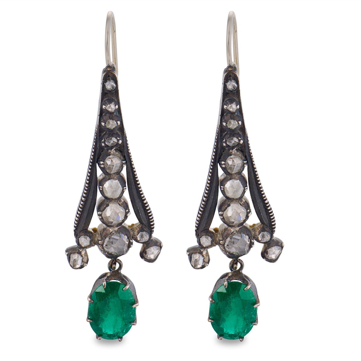 Georgian 14k/Sterling Silver Diamond & Emerald Dangle Earrings
