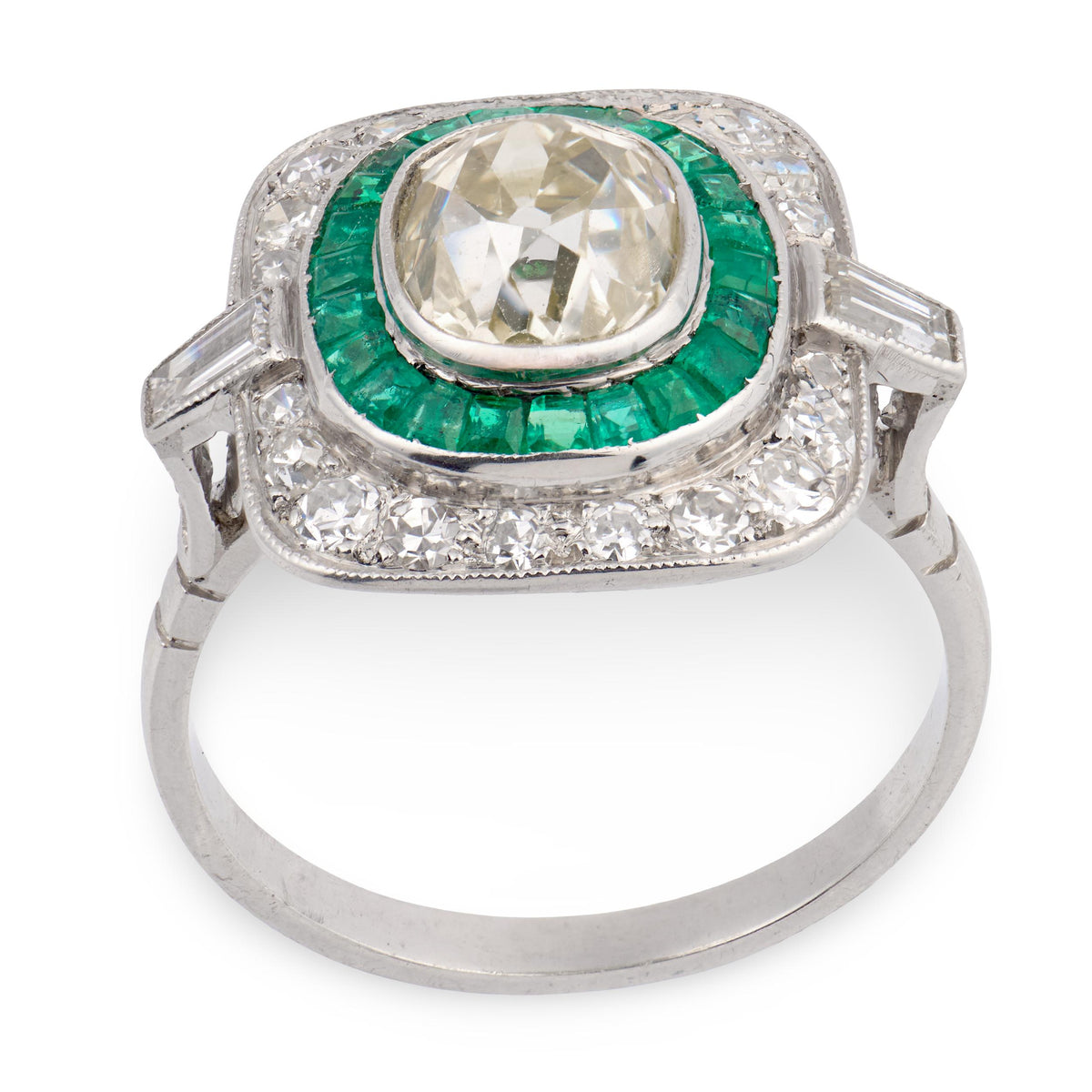 Art Deco Platinum Diamond & Emerald Engagement Ring 2.10ct