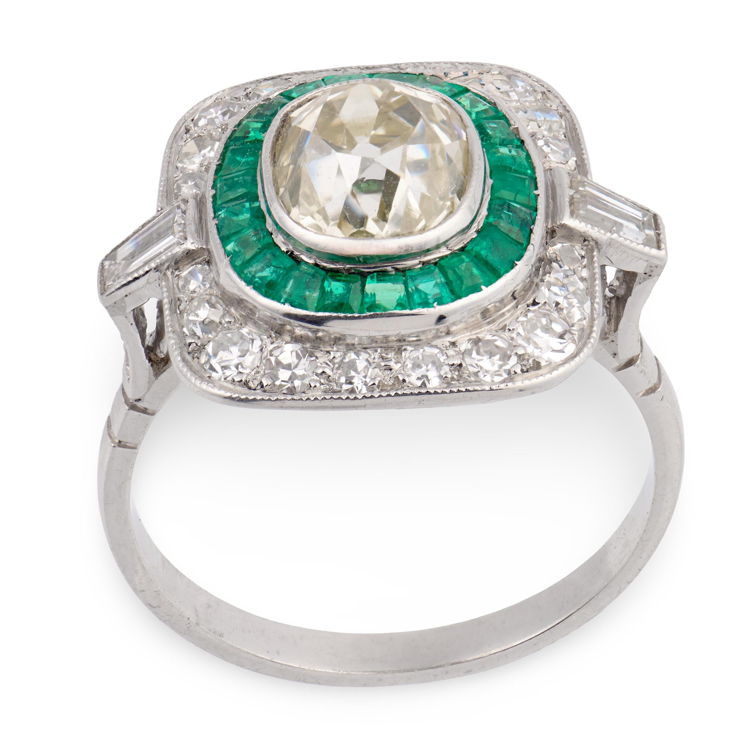 Art Deco Platinum Diamond & Emerald Engagement Ring 2.10ct