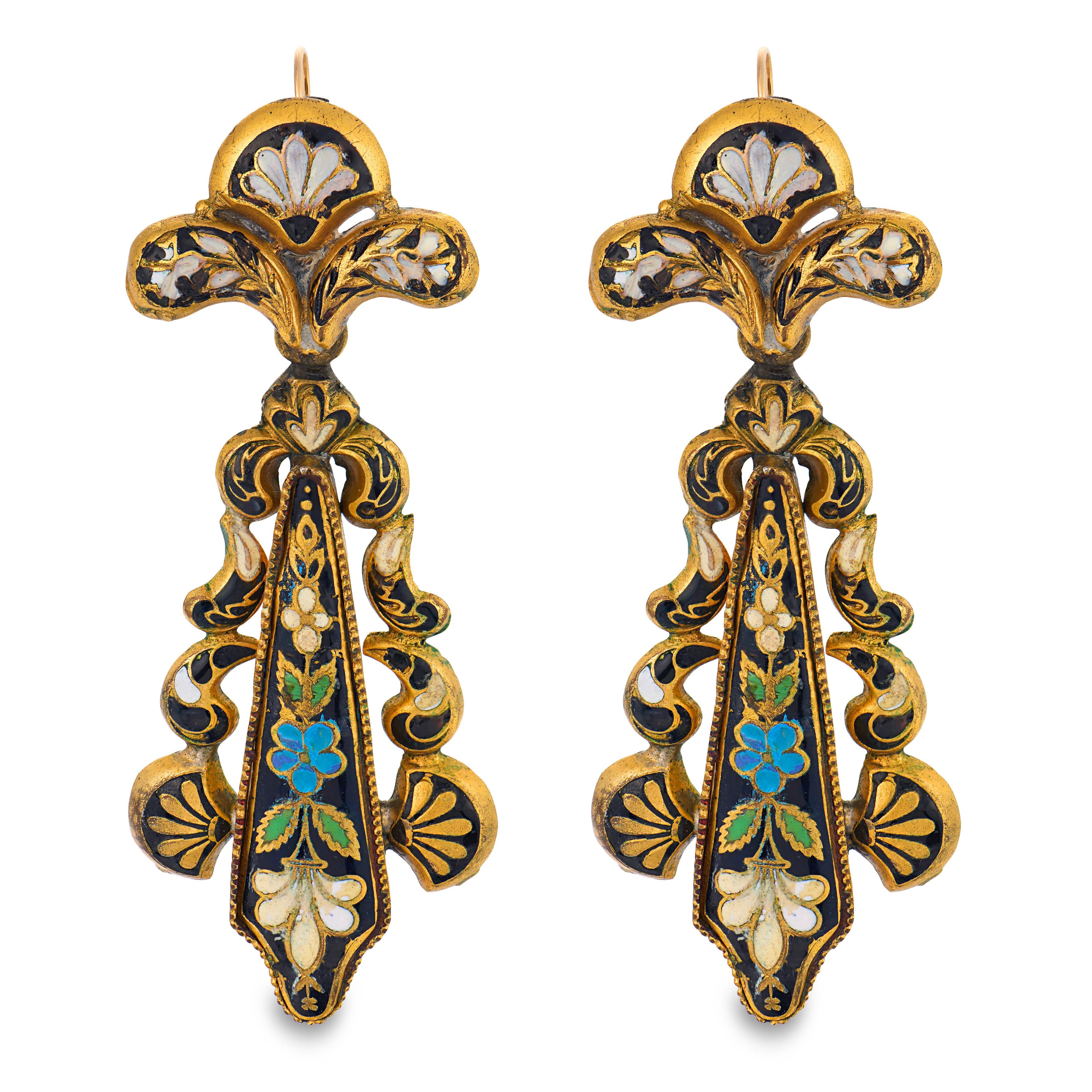 Victorian Gold-Fill Swiss Enamel Dangle Earrings