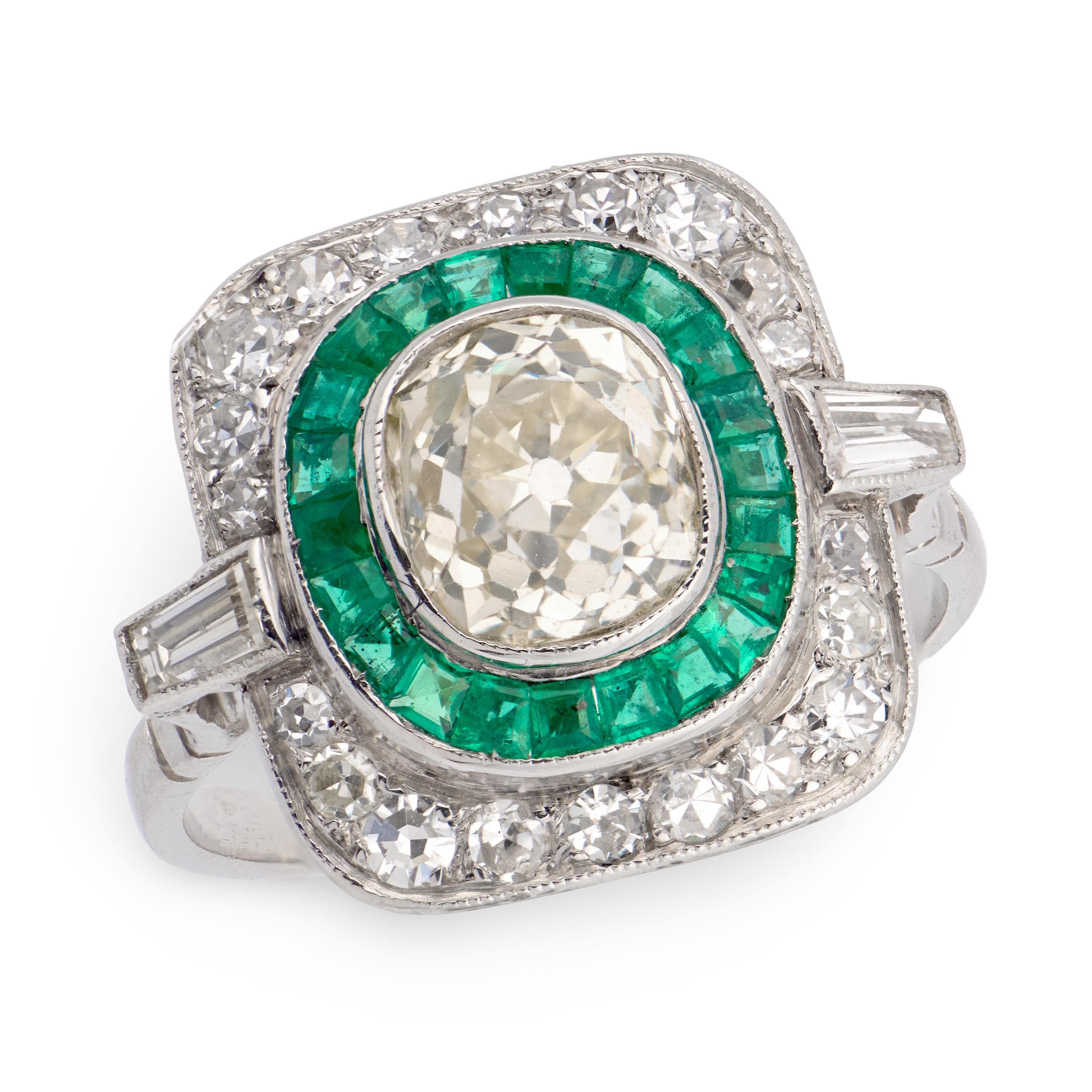 Art Deco Platinum Diamond & Emerald Engagement Ring 2.10ct