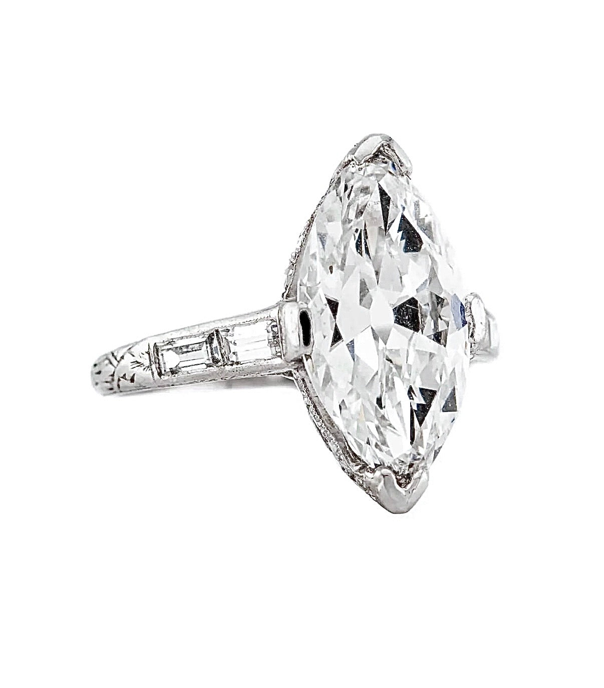 Art Deco Platinum GIA E, SI1 Marquee Diamond Engagement Ring 3.34ct