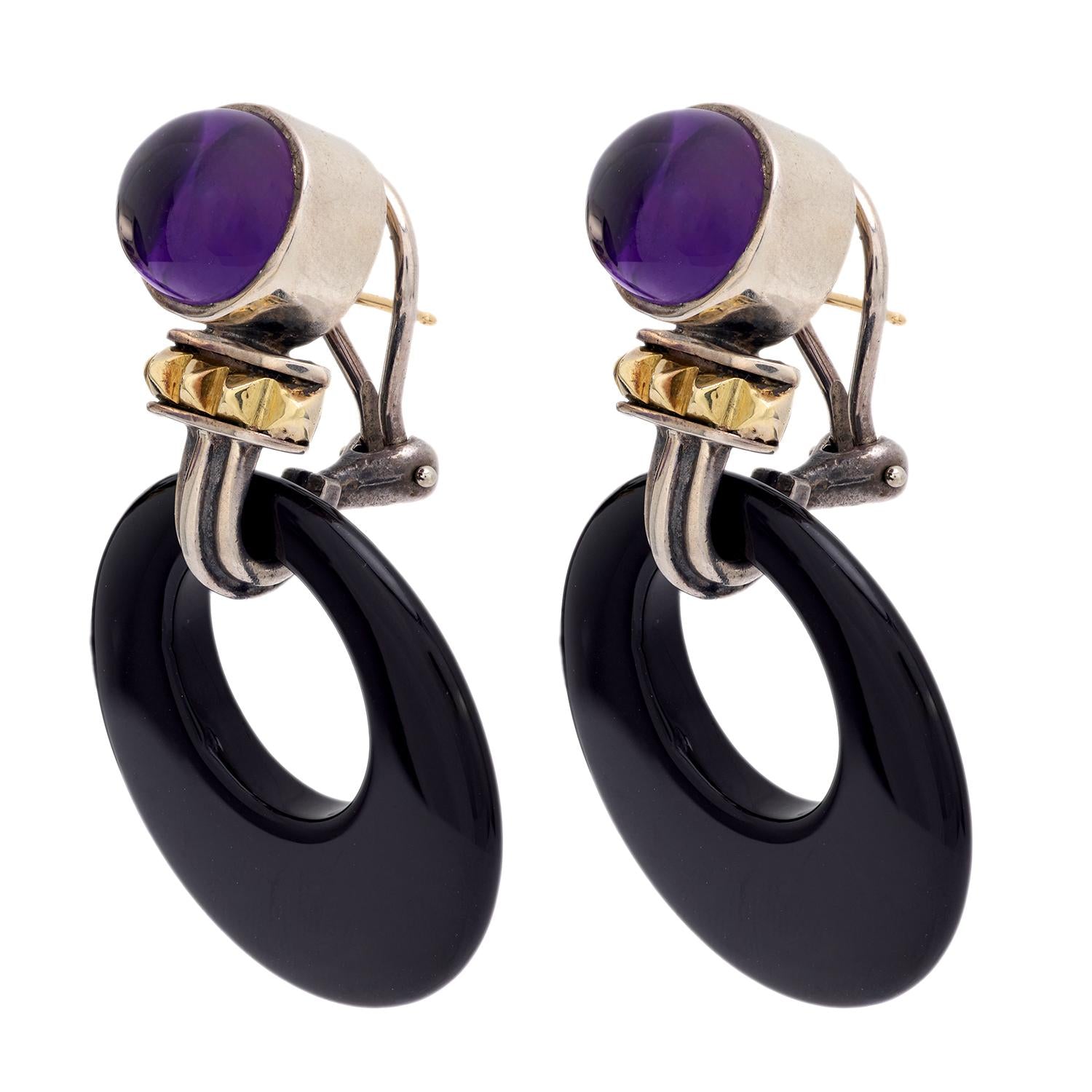 LAGOS Estate 18k/Sterling Silver Amethyst and Onyx Hoop Earrings