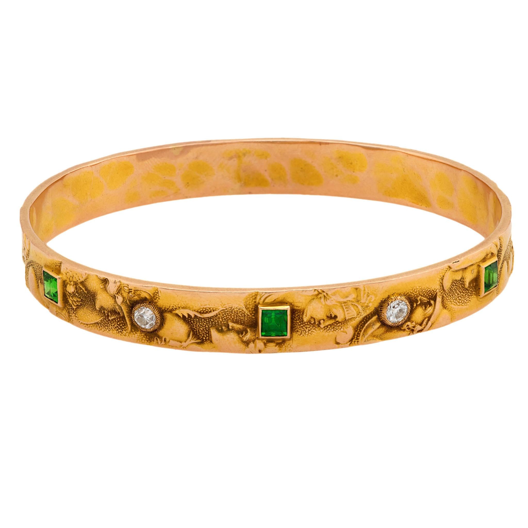 Art Nouveau 14k Diamond & Demantoid Repousse Bangle
