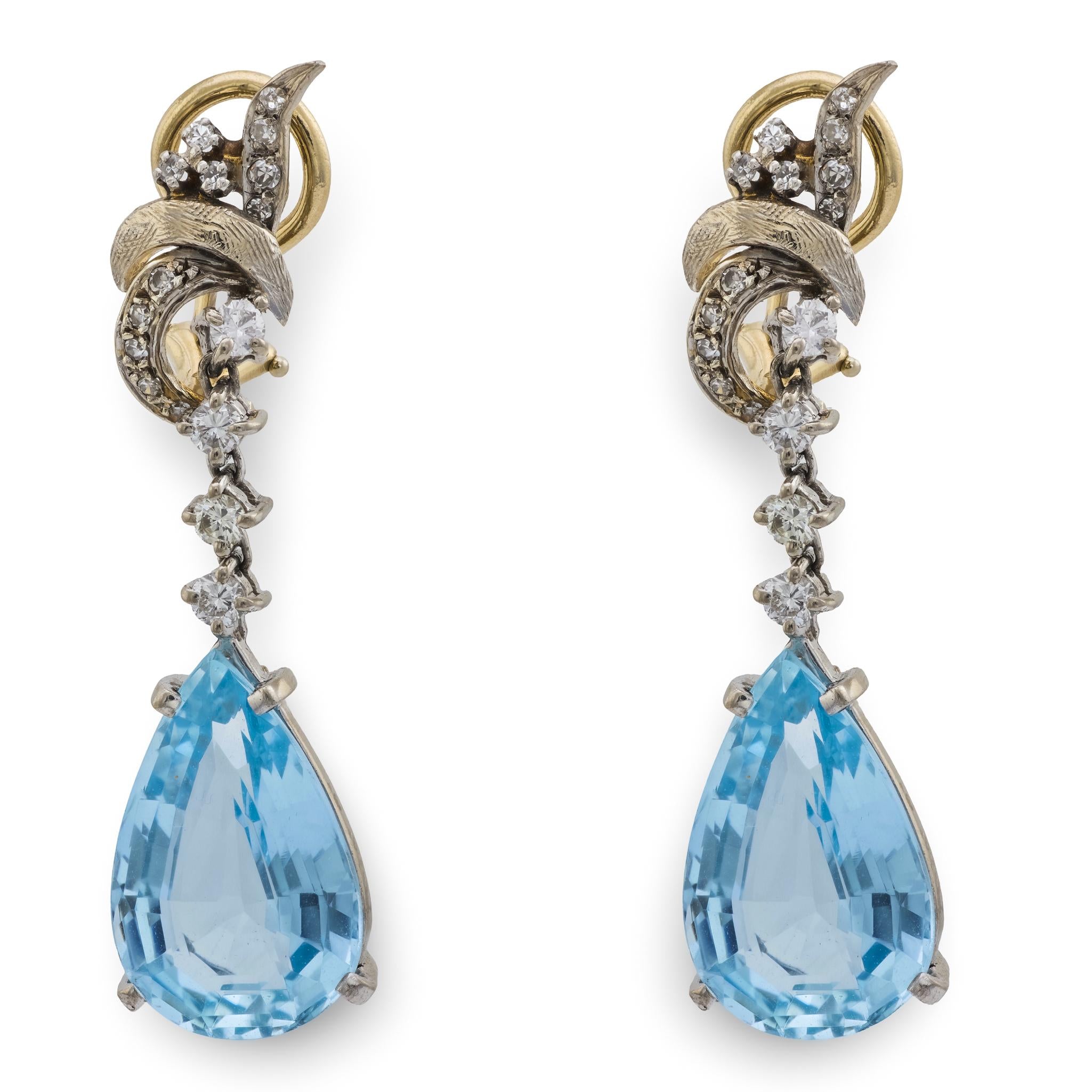 Retro 18k Aqua & Diamond Drop Earrings