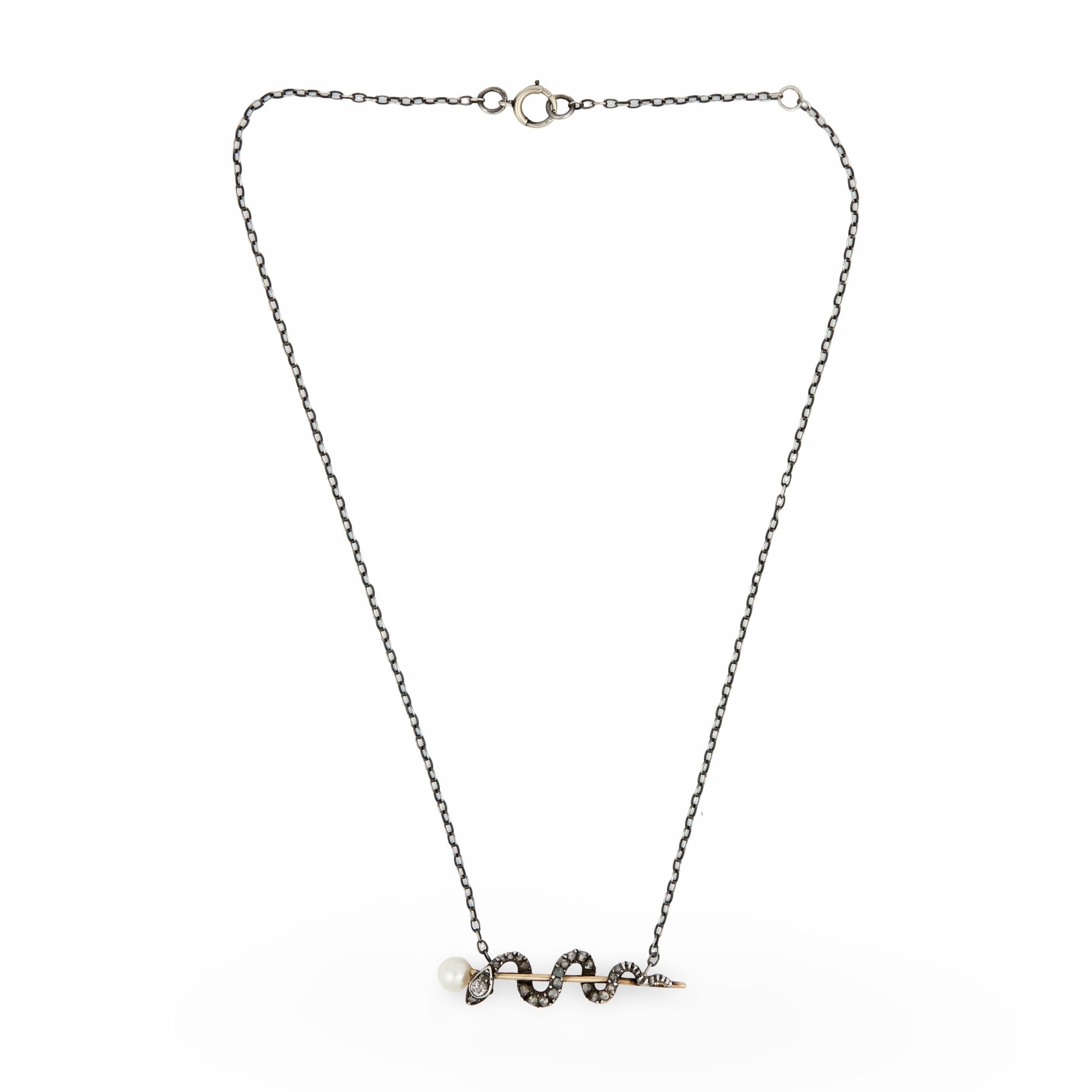 Victorian 15k/Sterling Diamond, Ruby, Pearl "Rod of Asclepius" Pendant Necklace