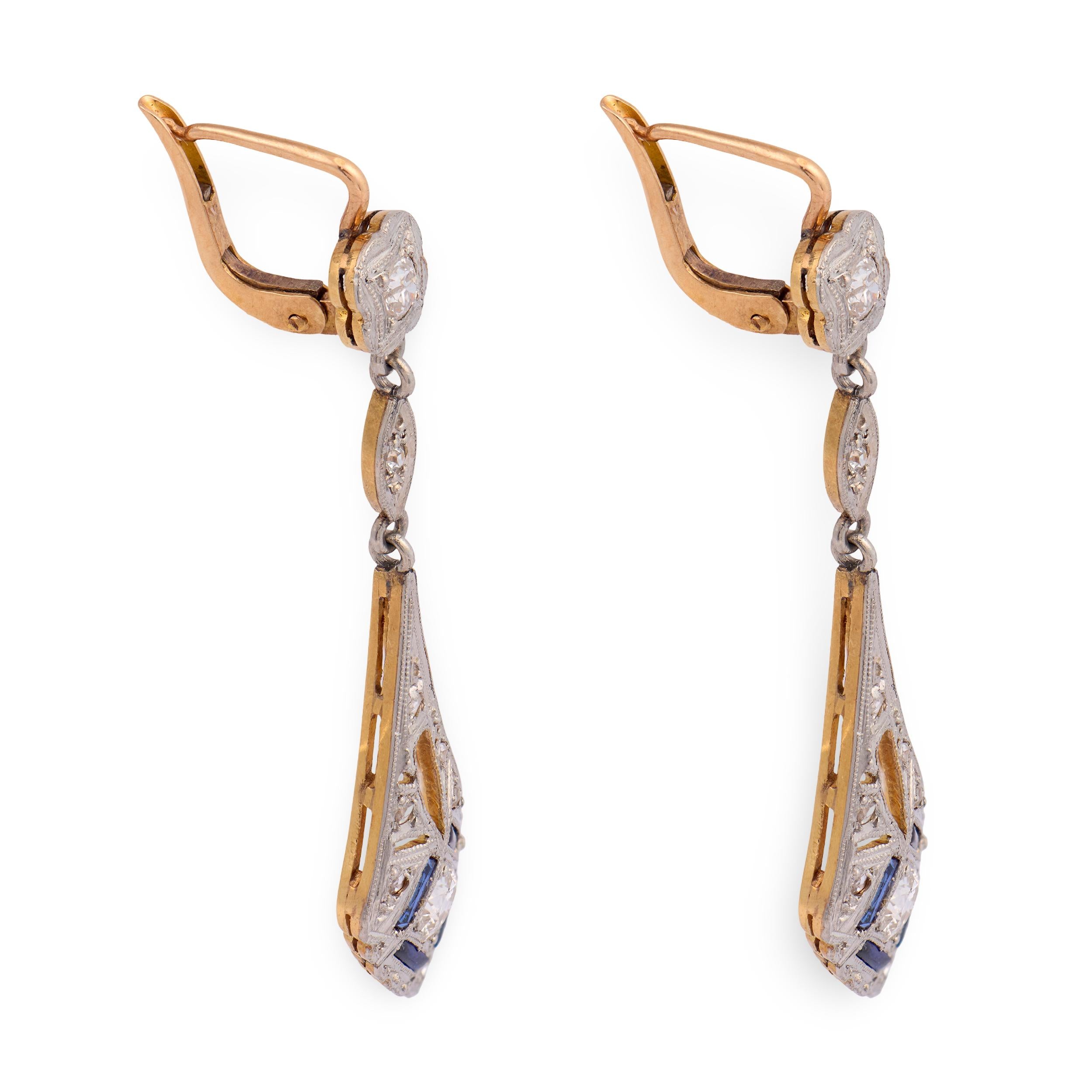 Edwardian 18k Diamond & Sapphire Drop Earrings