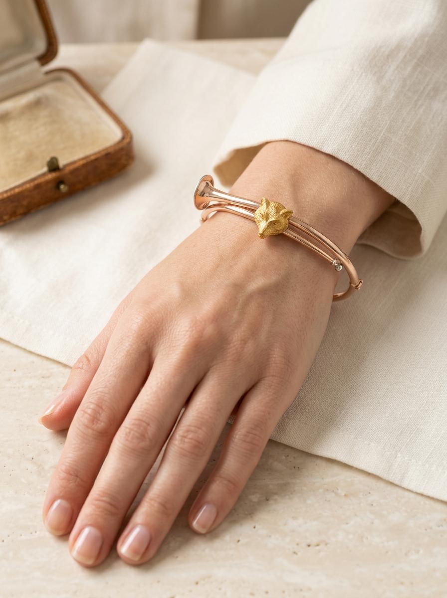 Victorian 14k Hunting Horn & Fox-Motif Bangle