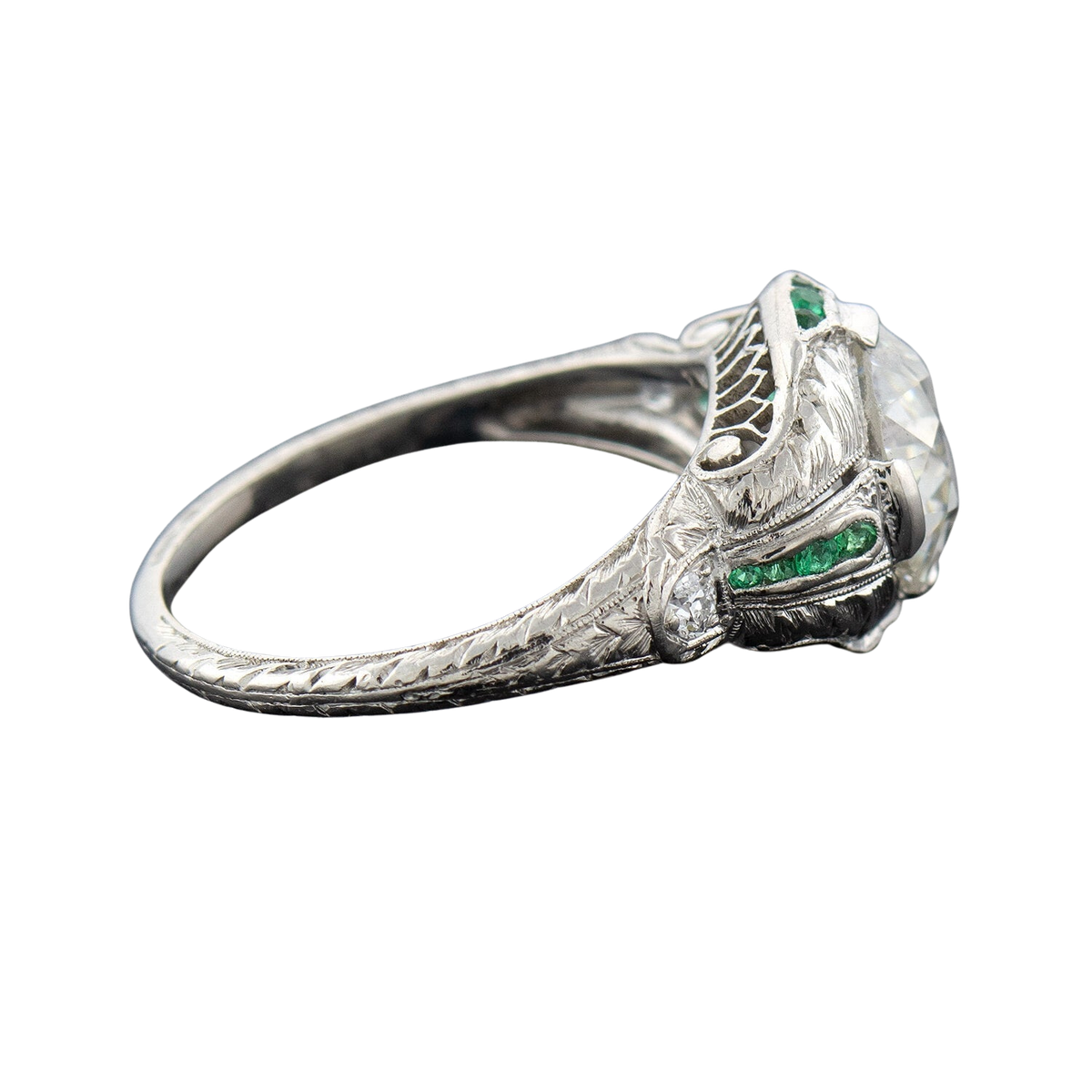 Art Deco Platinum Diamond + Emerald Engagement Ring 2.36ctw Center