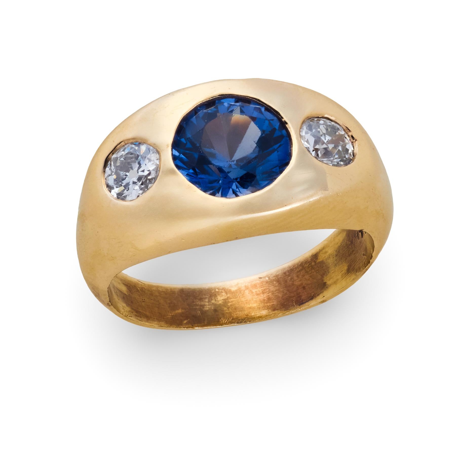 VIctorian 14k Sapphire & Diamond Flush Mount Ring
