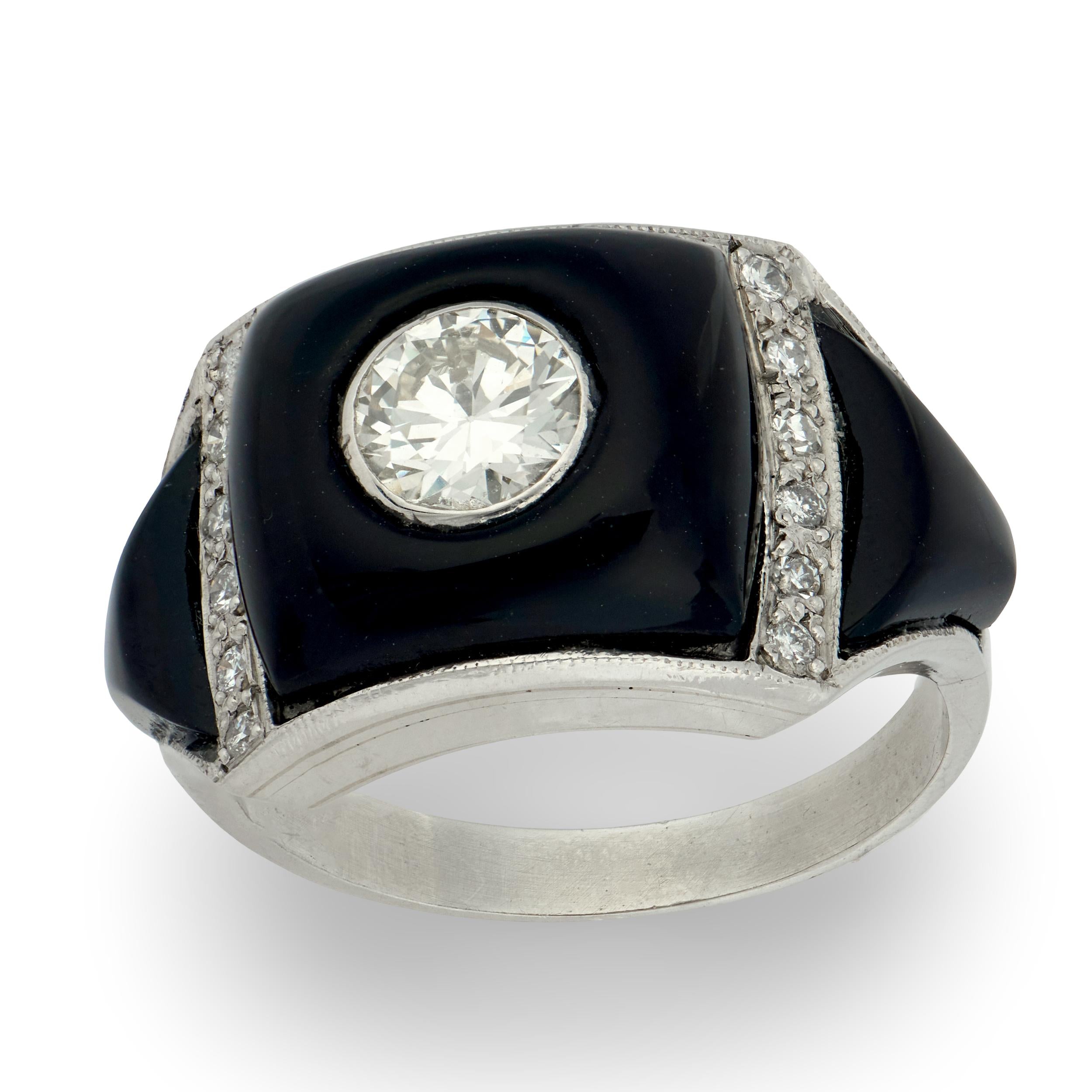 Art Deco Platinum Diamond & Onyx Engagement Ring .85ct