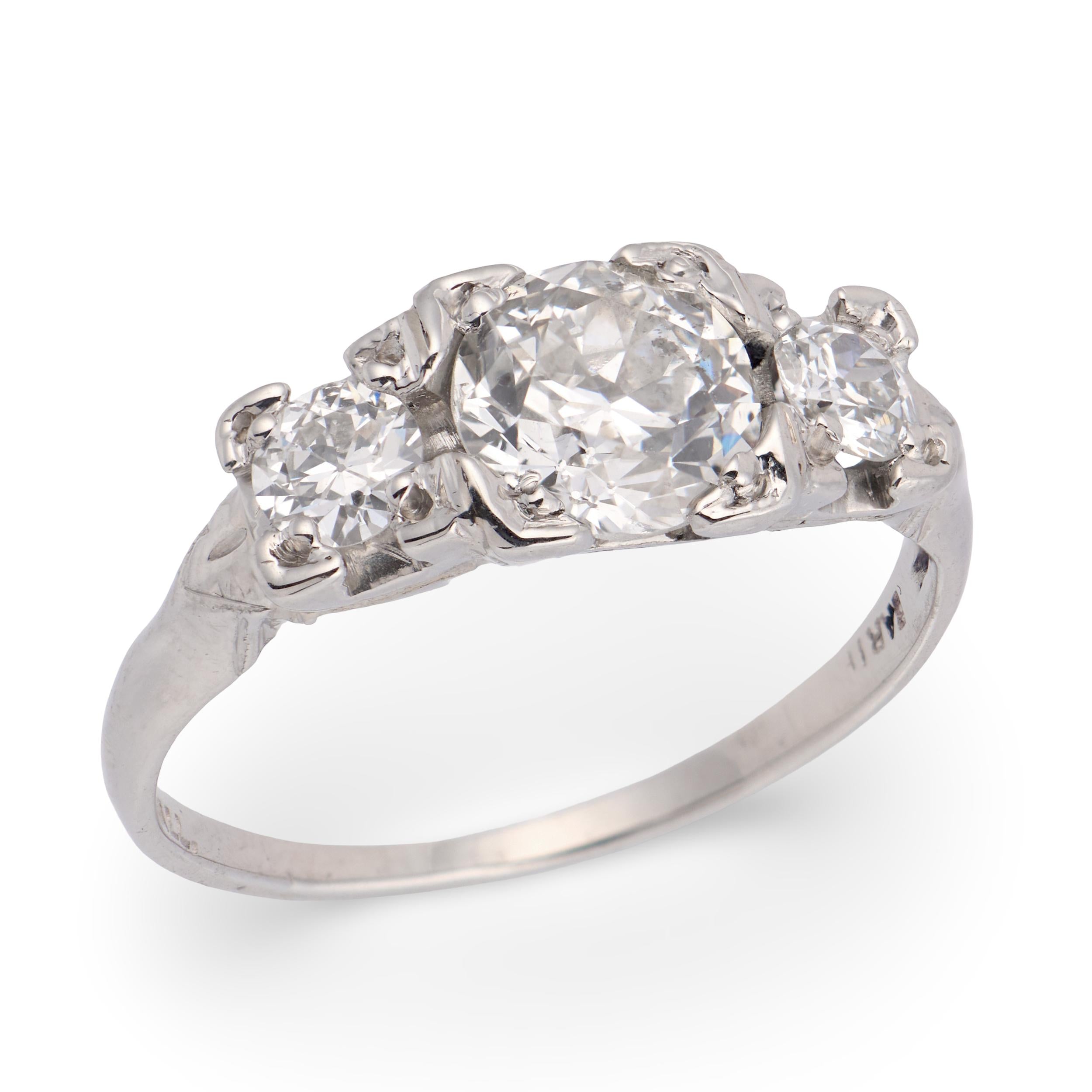 Art Deco Palladium Diamond Three Stone Ring