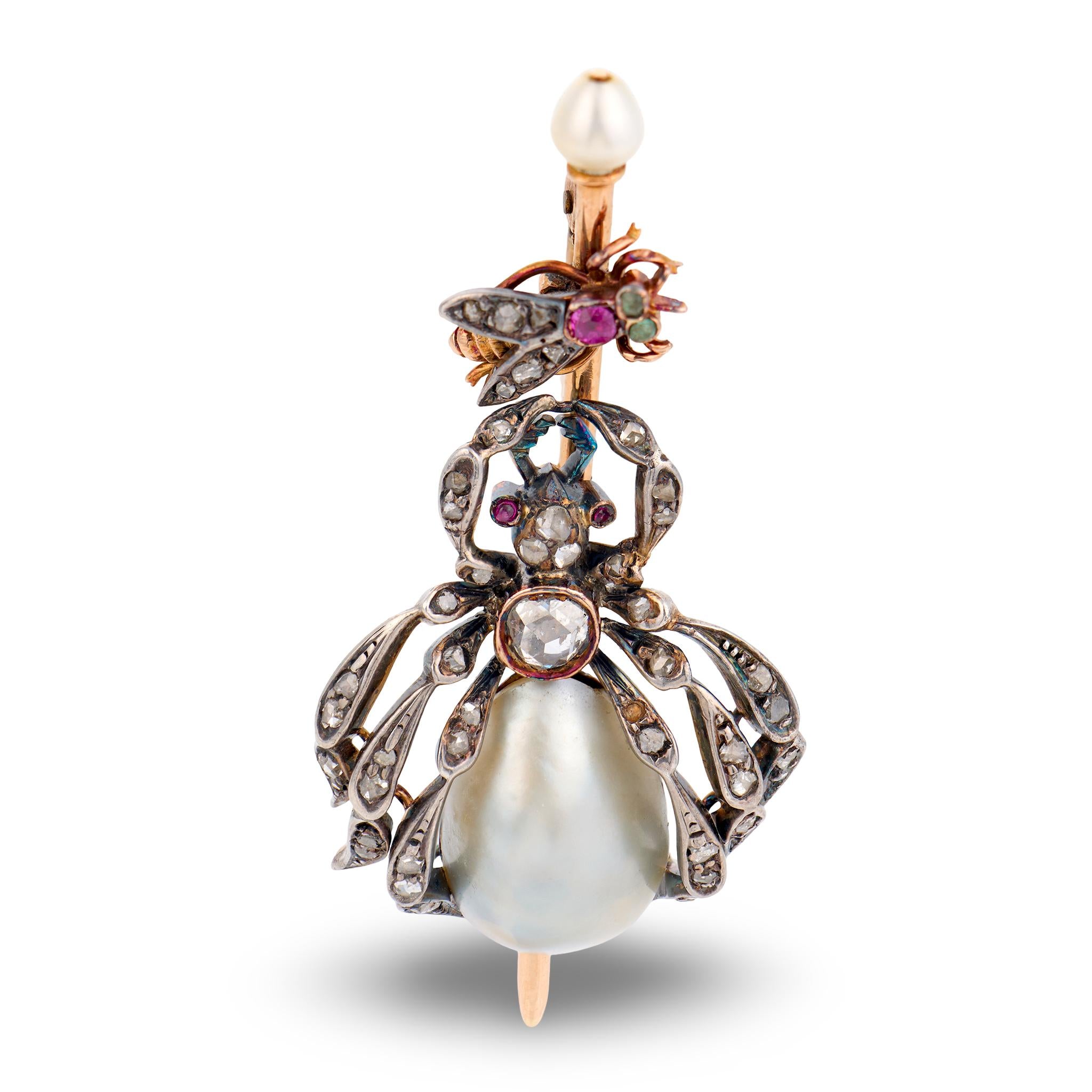 Victorian 18k/Sterling Silver Pearl, Diamond, & Ruby Spider & Fly-Motif Pendant