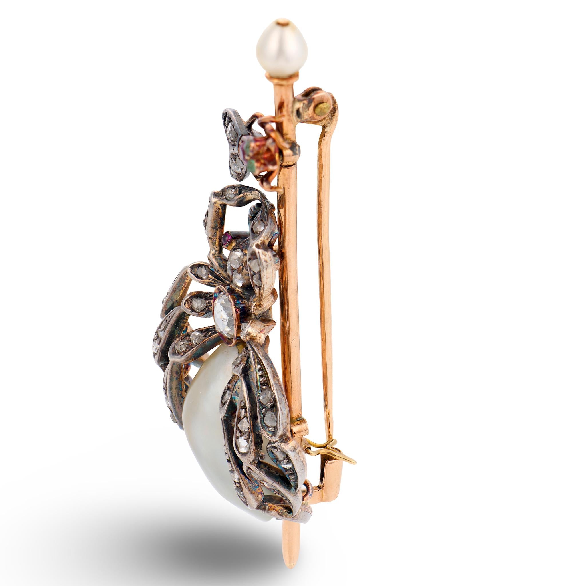 Victorian 18k/Sterling Silver Pearl, Diamond, & Ruby Spider & Fly-Motif Pendant