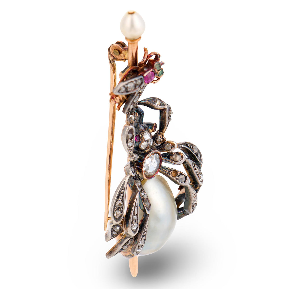 Victorian 18k/Sterling Silver Pearl, Diamond, & Ruby Spider & Fly-Motif Pendant
