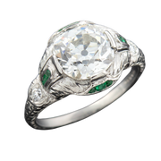 Art Deco Platinum Diamond + Emerald Engagement Ring 2.36ctw Center
