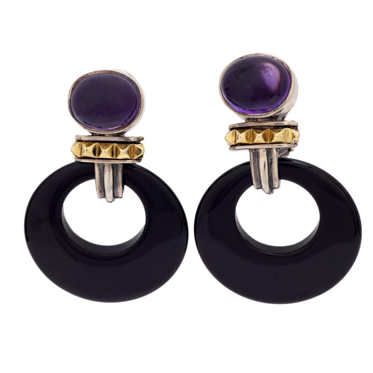 LAGOS Estate 18k/Sterling Silver Amethyst and Onyx Hoop Earrings