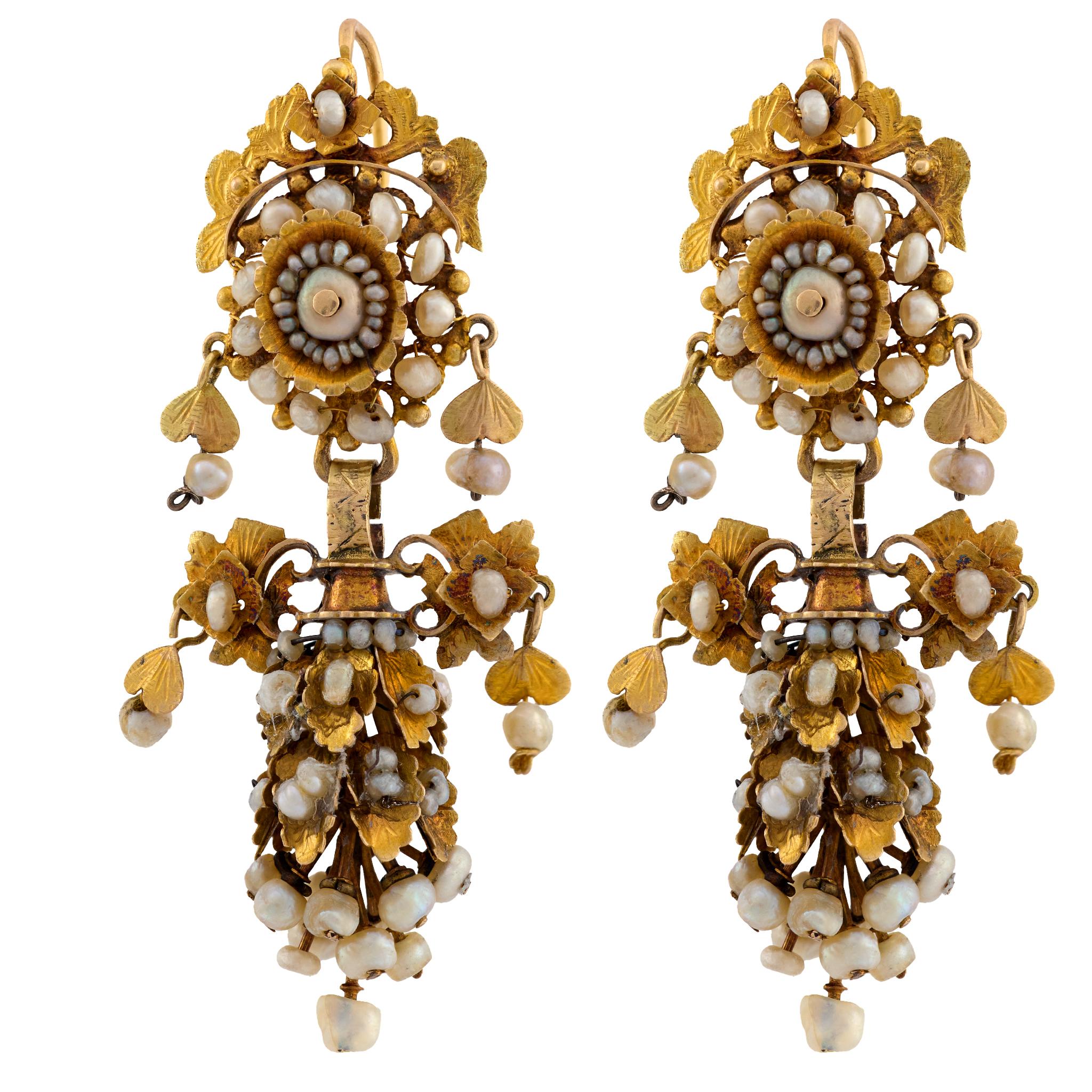 Georgian French 18k Seed Pearl Chandelier Earrings